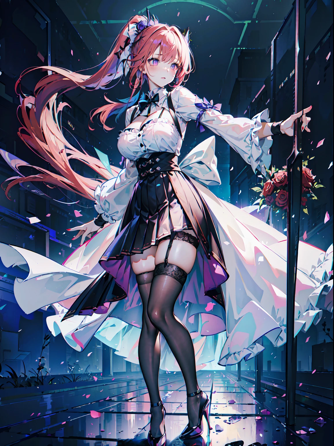(Masterpiece, Best quality, High quality:1.4), Professional artwork, Intricate details, Field of View, Sharp focus, Detailed painting, Masterpiece, Cinematic lighting, trending on pixiv, (Vivid lighting, Vibrant colors, author:Nagasawa rose:1.05), (,A MILF:1.1), Solo, (Curvy:1.1), standing, (Full body shot:1.1),
(Red hair:1.05), Long hair, High ponytail, lipstick, Makeup, Ultra Detail Hair, Ultra Detail Face, (Purple eyes:1.05), Perfect eyes, Perfect face, (Confused, Blush:1.2), (black thighhigns, a garter belt:1.1), Pleated skirt, White shirt, high-heels,
(Large breasts:1.1), cleavage, Big ass, Thighs,