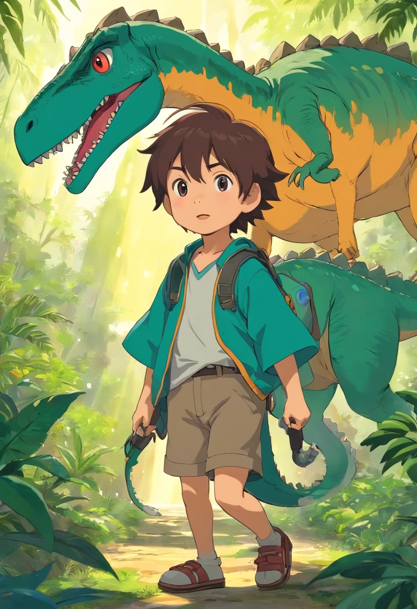 Menino de 2 anos, vestindo uma fantasia de dinossauro, alegre, roupa de dinossauro, tema Jurassic wolrd, cabelo penteado para o lado