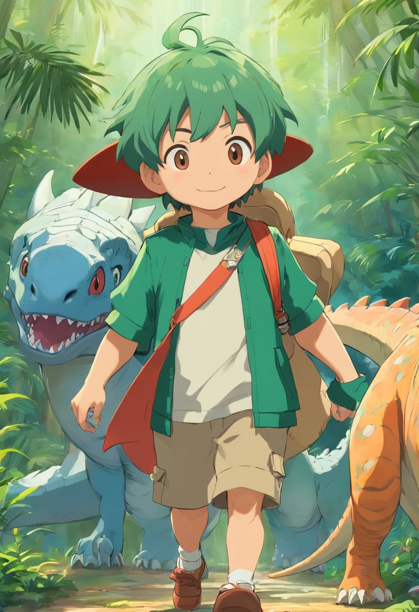 Menino de 2 anos, vestindo uma fantasia de dinossauro, alegre, roupa de dinossauro, tema Jurassic wolrd, cabelo penteado para o lado