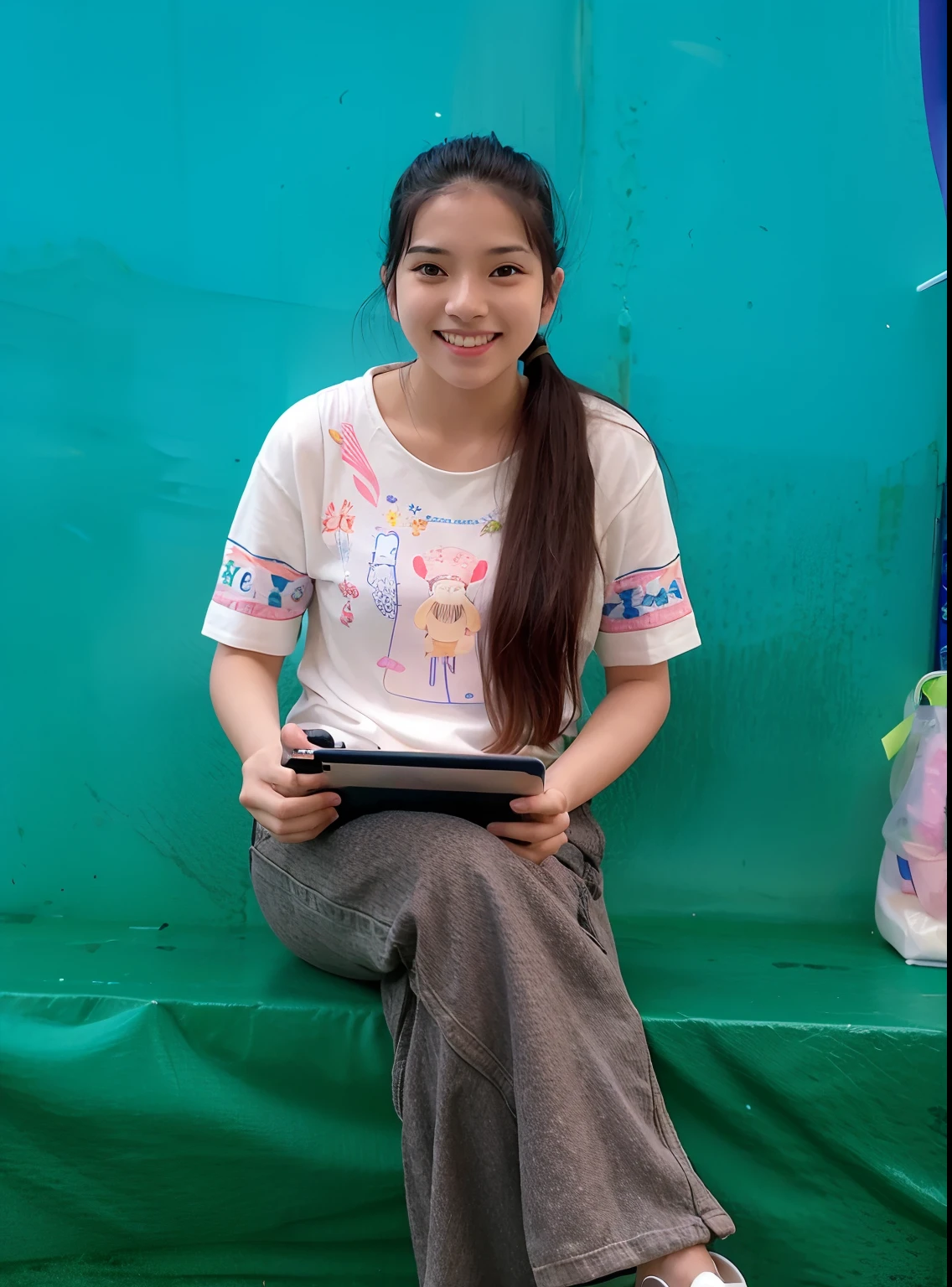 smiling girl sitting on a bench holding a tablet computer, nivanh chanthara, photo taken in 2 0 2 0, very very low quality picture, avatar image, a young asian woman, young asian girl, fanart, portait image, a picture, with a beautifull smile, dang my linh, picture, photo of young woman