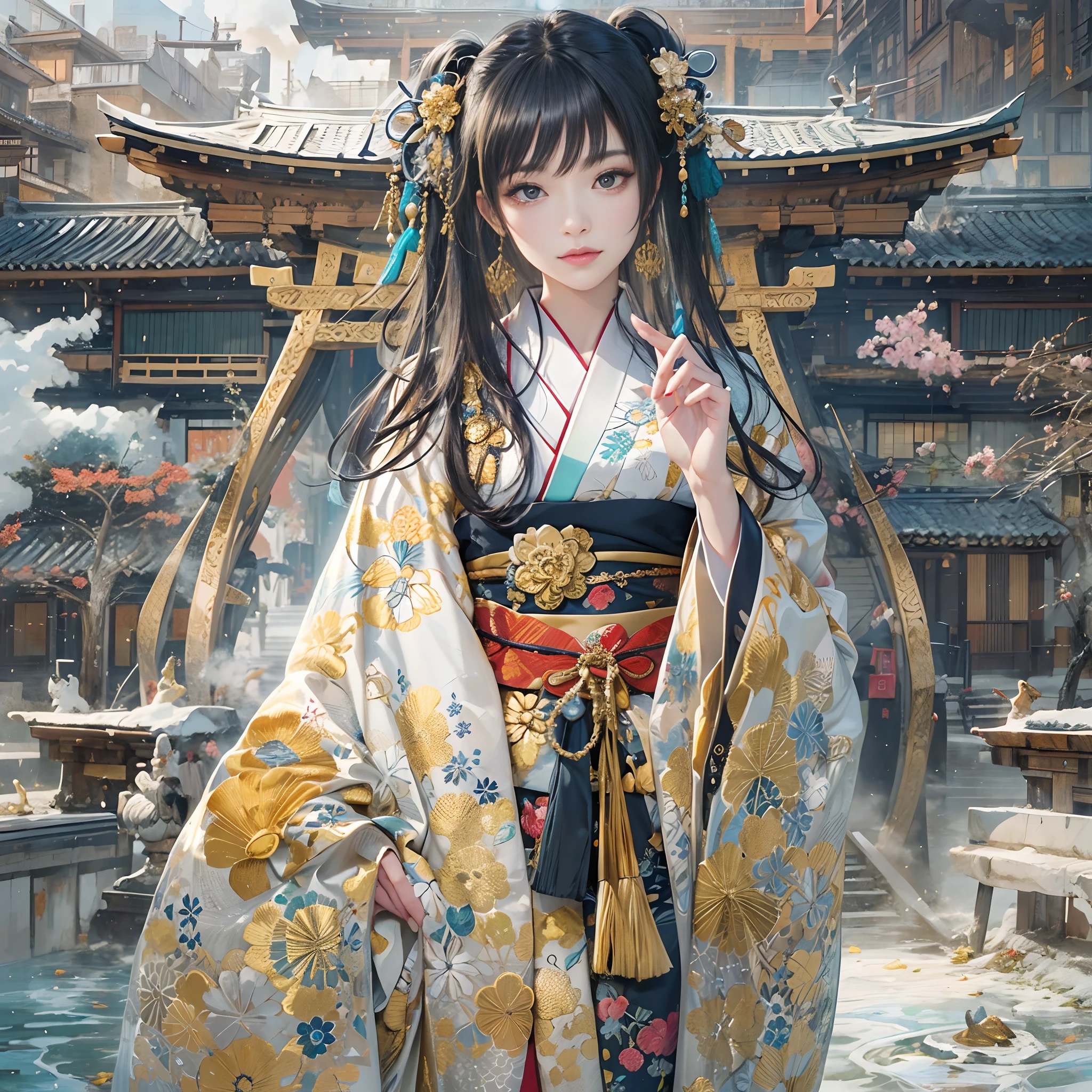 watching at viewers、Ancient capital and moon in the background、Dense background、poneyTail、Woman with shiny black hair、perfect hand、break {{{Luxury kimono(Colorful kimono(Detailed golden embroidery,))}}}、face perfect,Depict a beautiful and graceful woman of Japan。Heart in the eye。full body Esbian。 Wallpaper 8K, .Blur the background with a sickle,((masutepiece)), ((Best Quality))