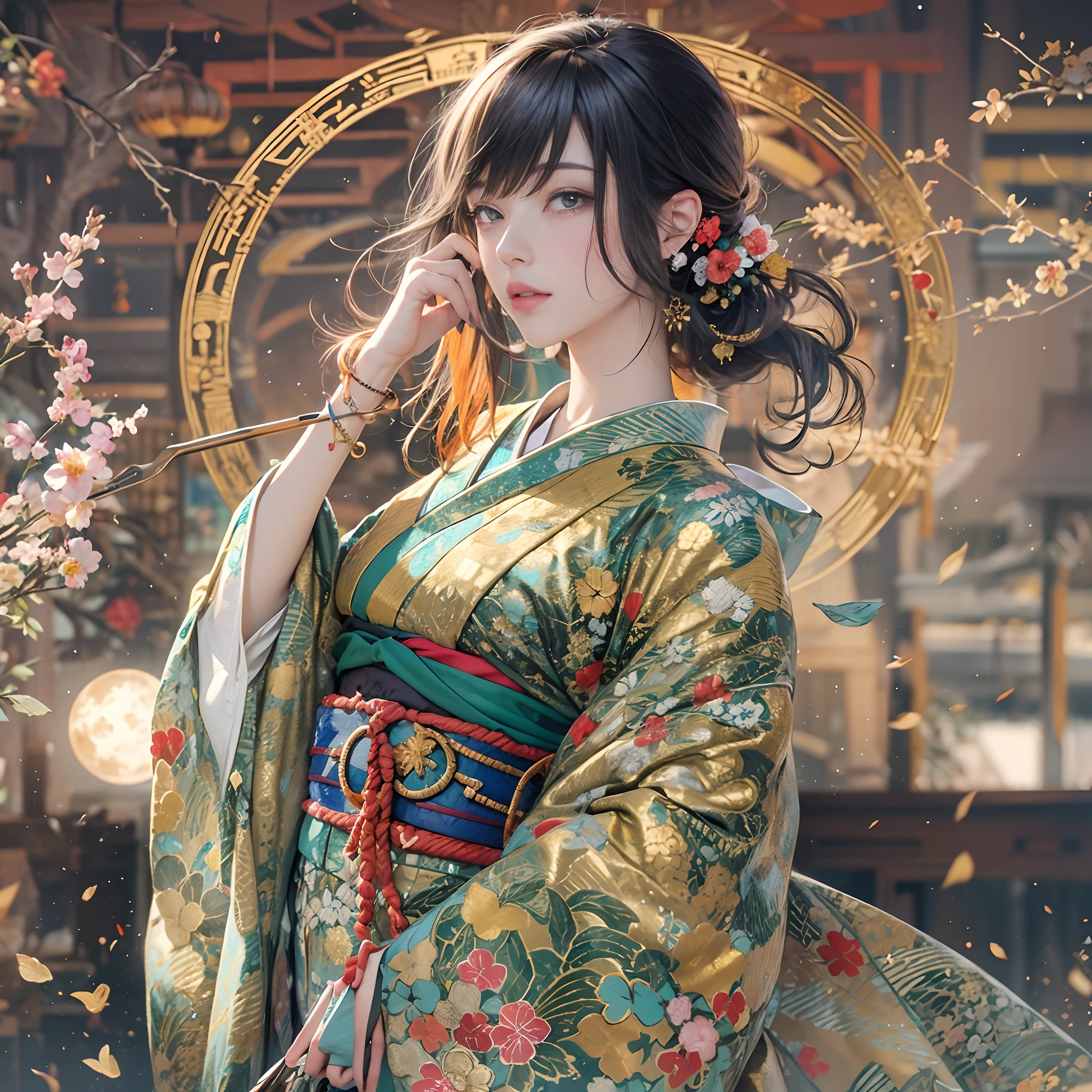 watching at viewers、Ancient capital and moon in the background、Dense background、poneyTail、Woman with shiny black hair、perfect hand、break {{{Luxury kimono(Colorful kimono(Detailed golden embroidery,))}}}、face perfect,Depict a beautiful and graceful woman of Japan。Heart in the eye。full body Esbian。 Wallpaper 8K, .Blur the background with a sickle,((masutepiece)), ((Best Quality))