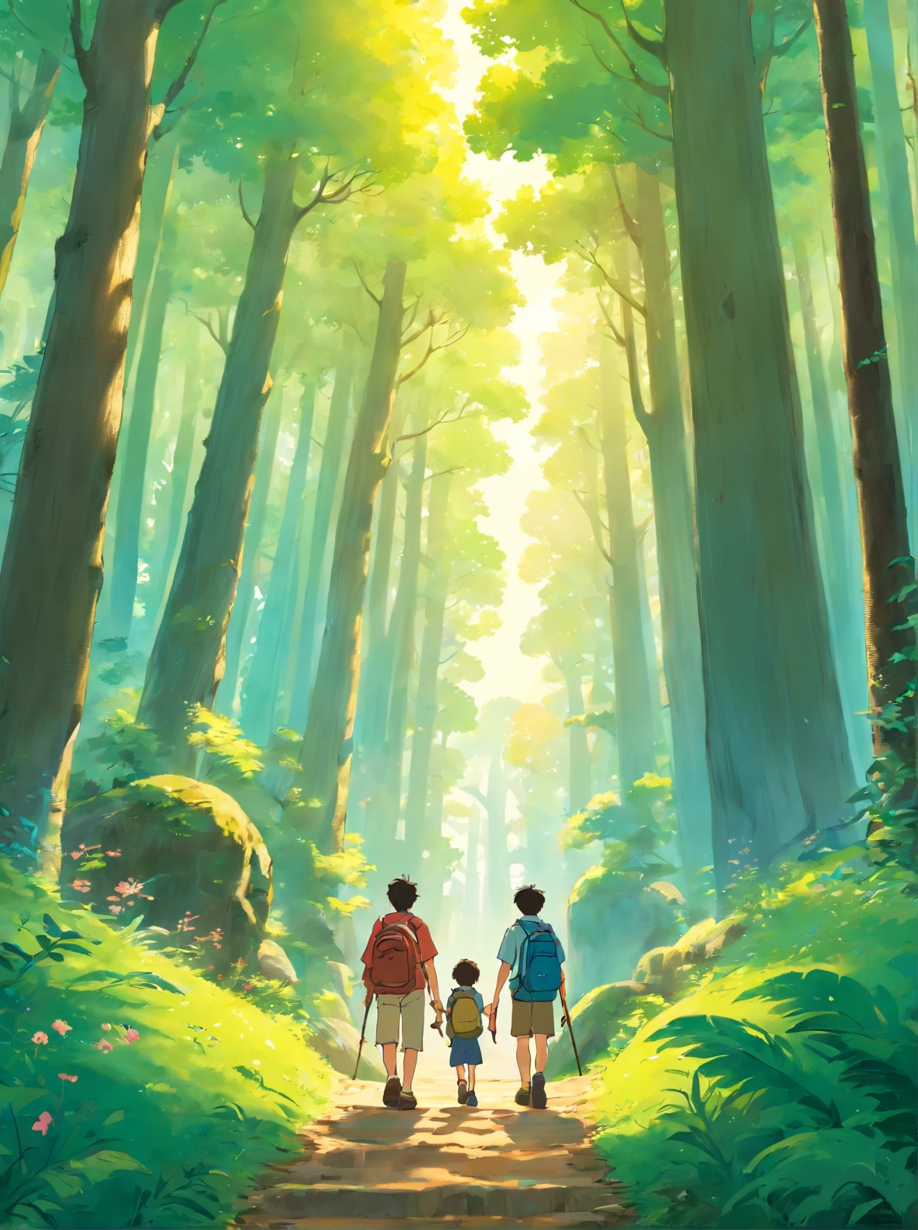 (Design a poster)A father and children little boy , Walk through magical forests, Carrying a hiking bag,Hold trekking poles,There are towering trees,