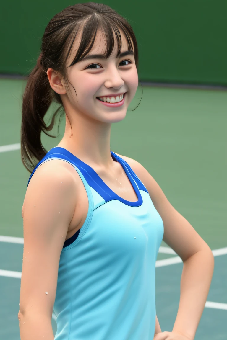 (((Draw only one woman: 2))), (tennis coat:1.3), (High school girl playing tennis:1.4), (Sweat-soaked tank top tennis wear:1.4)、(-yeld hischool girl with a cute smile:1.4), ((1screen)) , in 8K, RAW shot, top quality photo, masterpiece, Nice and realistic photos, (Anatomically correct proportions), (perfectly proportions), (Cute like a Japan idol), (a small face)、A detailed face, A detailed eye, Narrow Nose, ((Detailed fingers)), (((Perfect fingers)))、detailed arms, Detailed skin, Detailed legs、Narrow waist, (short torso:1.2)、huge tit, Nipple shadow, (accurate fingers:1.2)、(tthin eyebrows:1.6)、(sweat-wet skin:1.2)、(Tennis wear sticking to sweat-soaked skin:1.4)、(wetting hair:1.5)、(Wet bangs:1.5)、Cute Skort、Ponytel