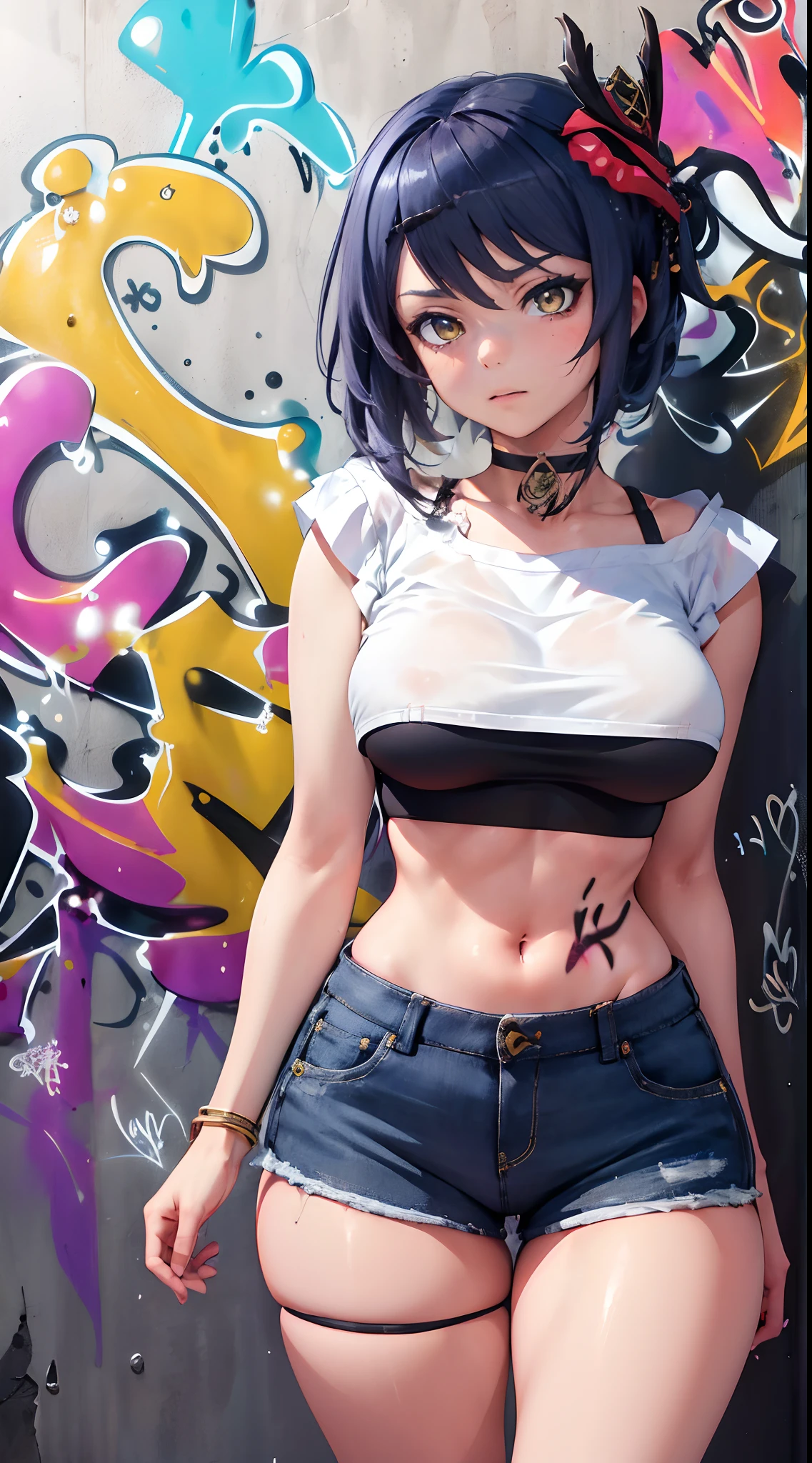 Kujou Sara Genshin Effect, masterpiece, bestquality, 1girls, mediuml breasts, bara, crop top, shorts jeans, choker, (Graffiti:1.5), Splash with purple lightning pattern., arm behind back, against wall, Look at the audience from behind., bracelet, Thigh strap, Head tilt, bored, Ponytail, water eyes,