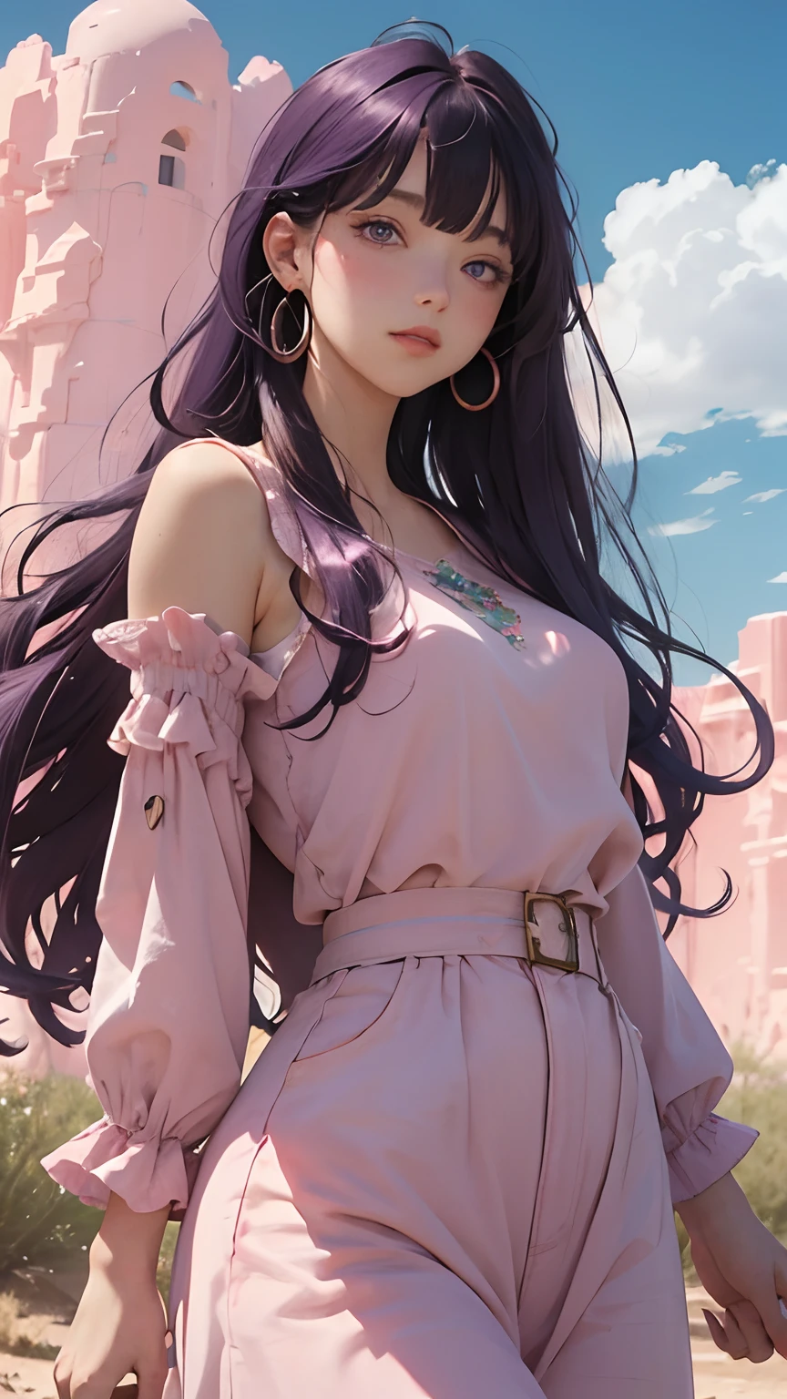 Summer, desert, pink clouds, a land overgrown with roses stands beautiful girl, James Gurney, art station rendered, ultra-wide lens, high definition,Blunt Bangs, purple eyes, long curly dark blue hair