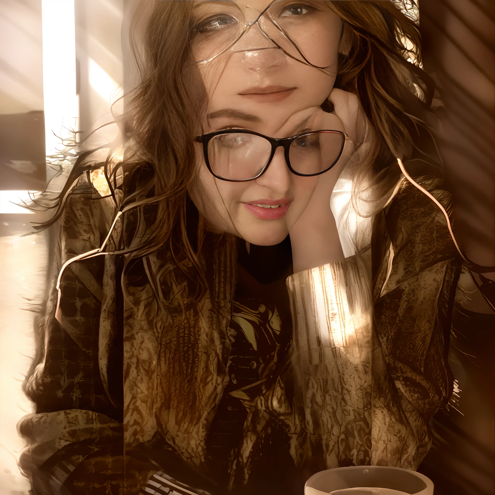 Hiarafed woman with glasses and a pink shirt posing for a picture, !!wearing modern glasses!!, glasses, with glasses, wearing thin large round glasses, with square glasses, high quality portrait, girl with glasses, 18 years old, !!wearing glasses!!, she wears harry potter glasses, with glasses on, thick glasses, wearing square glasses