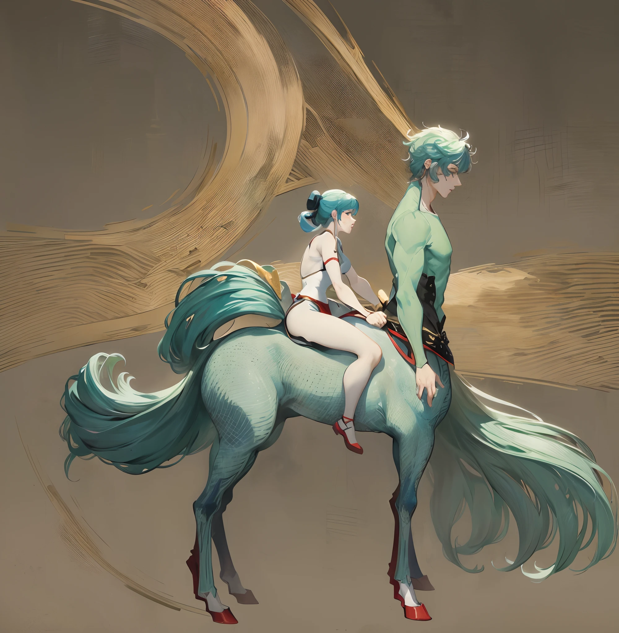1 centaur carrying a girl,tmasterpiece,Need,((Two men)),China-style,Chinese Ancient Times,brunette color hair,Gray-blue eyes,Bifurcation,long whitr hair,with long bangs,High ponytail,Handsome,virile,gentleness,large tall,A tranquil,Cyan robe,exteriors,Wind Comfort, (2 young men),The expression is excited, Posture,(Hanfu,Ming style),(Ming-style architectural background)