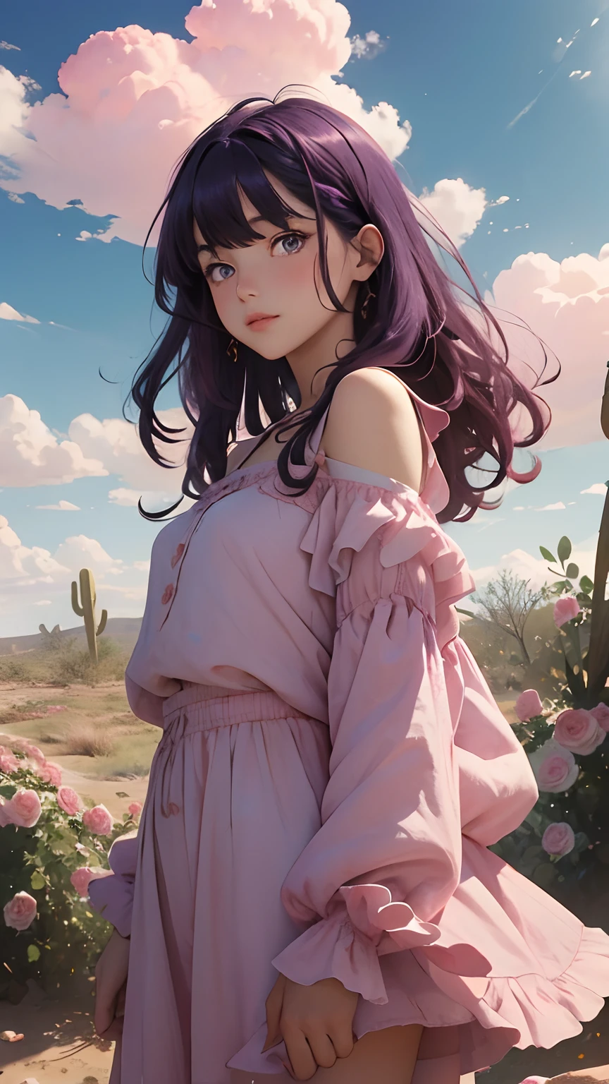 Summer, desert, pink clouds, a land overgrown with roses stands beautiful girl, James Gurney, art station rendered, ultra-wide lens, high definition,Blunt Bangs, purple eyes, long curly dark blue hair