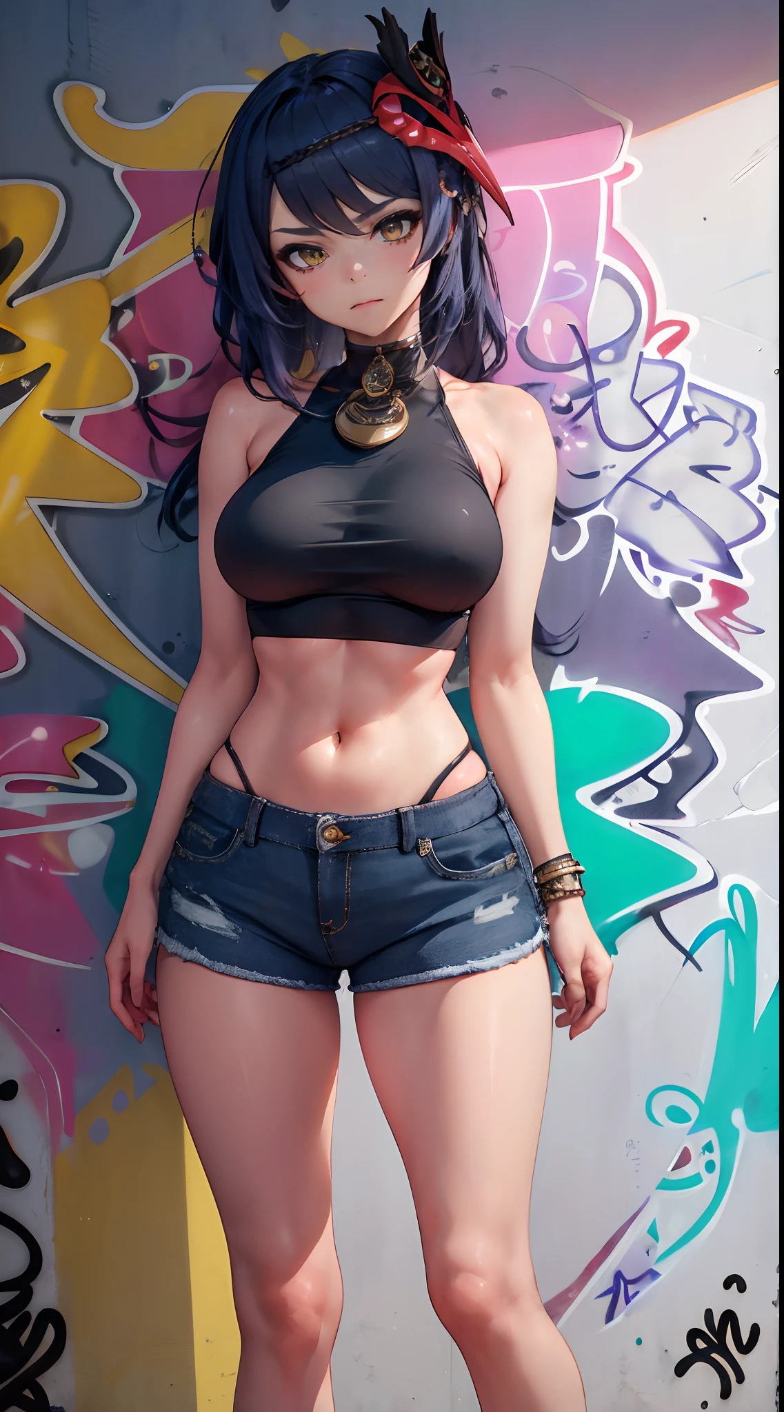 Kujou Sara Genshin Effect, masterpiece, bestquality, 1girls, mediuml breasts, bara, crop top, shorts jeans, choker, (Graffiti:1.5), Splash with purple lightning pattern., arm behind back, against wall, Look at the audience from behind., bracelet, Thigh strap, Head tilt, bored, Ponytail, water eyes,