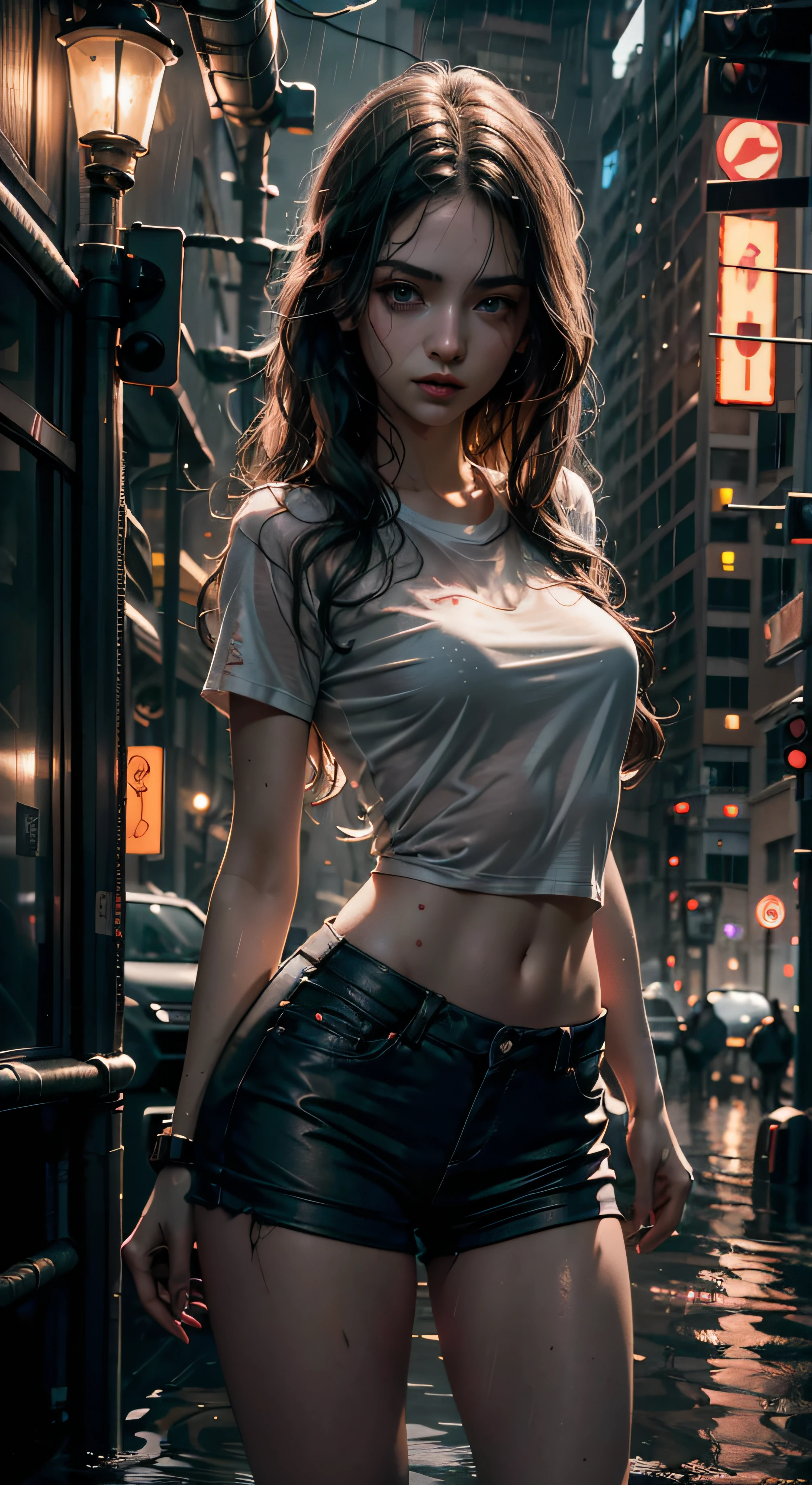 Beautiful woman with wavy hair, delicate and charming green eyes, thigh notch, sexy long legs, nipples, wet t-shirt in very small red denim shorts, beautiful futuristic cyberpunk + city, mist, damp, rain, best quality masterpiece, realistic, detailed, 8k, HDR, shallow depth of field, wide light, high contrast, backlight, flood, flash, chromatic aberration, sharp focus, RAW color photo
