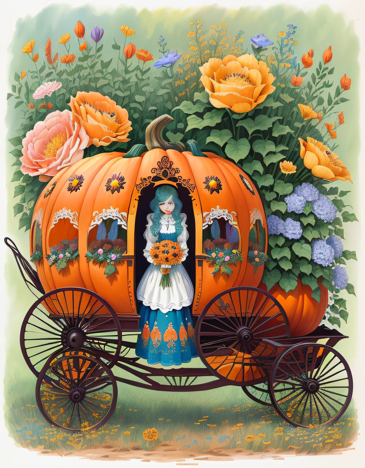 painting of a pumpkin carriage with flowers and butterflies, carriage made of pumpkins, full color illustration, full color digital illustration, full color drawing, colored in, coloring book page, richly detailed colored, colored illustration, carriage, colorfull illustration, by Meredith Dillman, whimsical and psychedelic, coloring pages, water color and pen, colouring pages, vivid vintage coloring