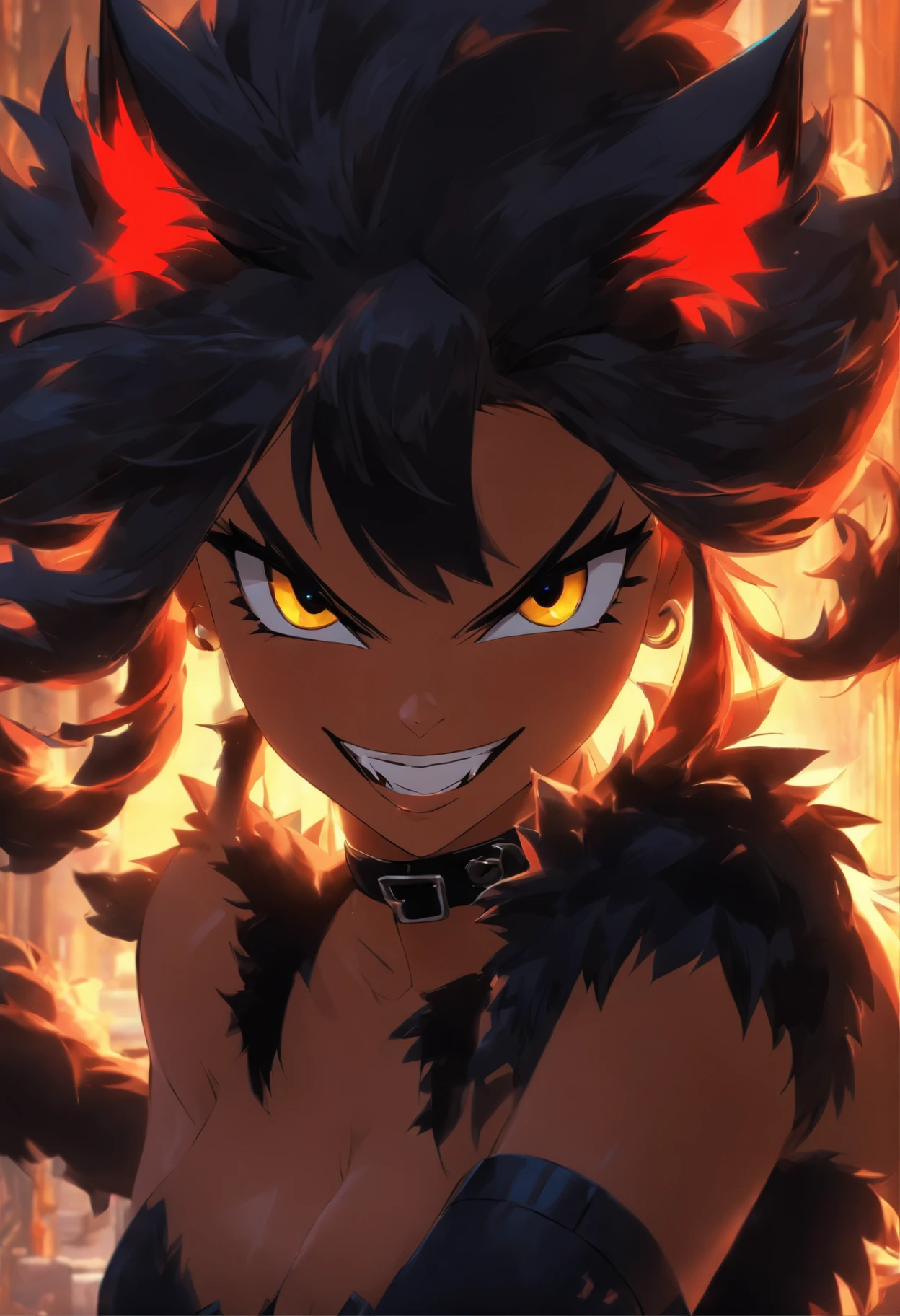 Beautiful muscular woman, Cat-wife, shaggy hairy, Cat's ears, cat tail, sexy cat girl, black wool,collar, fangs, Wild smile,