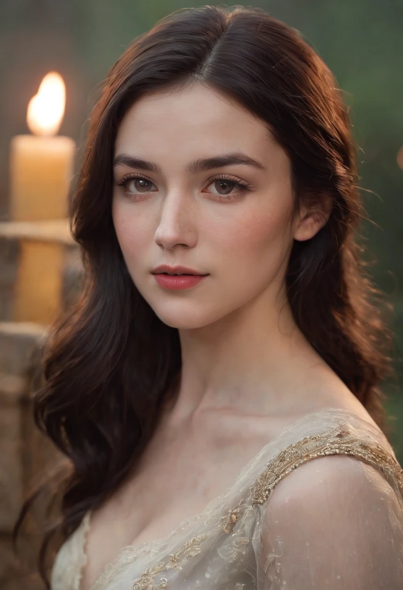 Slightly fat，Fair complexion, Small freckles on the bridge of the nose，A female of approximately 28 years of age, Black hair, Unique black eyes, Slender and graceful, Wear Cole, Candlelight in a century setting, super sharp focus, realistic lens, Medieval flesh-colored women's clothing, Four colors