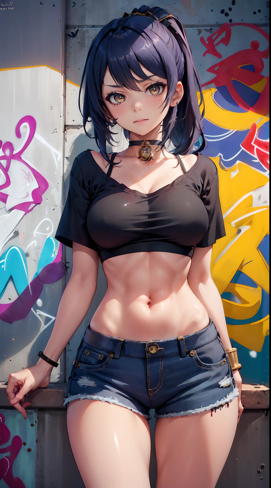 Kujou Sara Genshin Effect, masterpiece, bestquality, 1girls, mediuml breasts, long-haired ,Ponytail, bara, crop top, shorts jeans, choker, (Graffiti:1.5), Splash with purple lightning pattern., arm behind back, against wall, Look at the audience from behind., bracelet, Thigh strap, Head tilt, bored, Ponytail, water eyes,