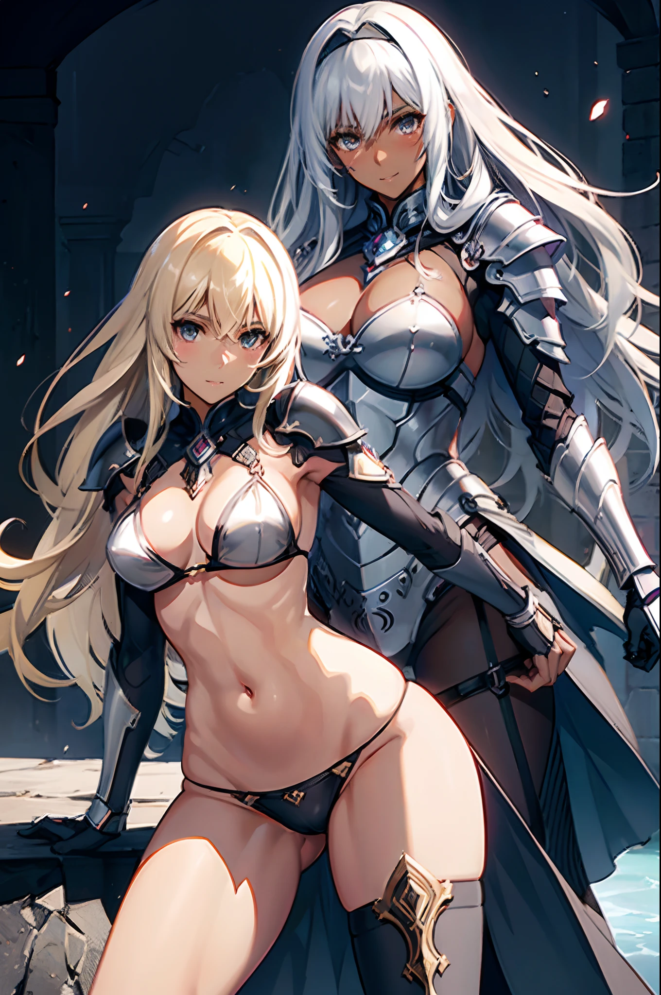 ((slanted eye)),(A MILF),(((maturefemale,adult  woman))),masutepiece, top-quality, ultra-definition, max resolution, A highly detailed,((((Dark skin)))), Extremely sexy,Large breasts,blush,high legs,thong,armor girl, bikini armor female knight, Bikini Armor, bikini-armor, bikini-armor, ornate bikini armor, Female knight, Gorgeous Female Paladin,Beautiful armor,cleavage,overknee socks,in the palace,Smile,Standing,groin,stylish pose