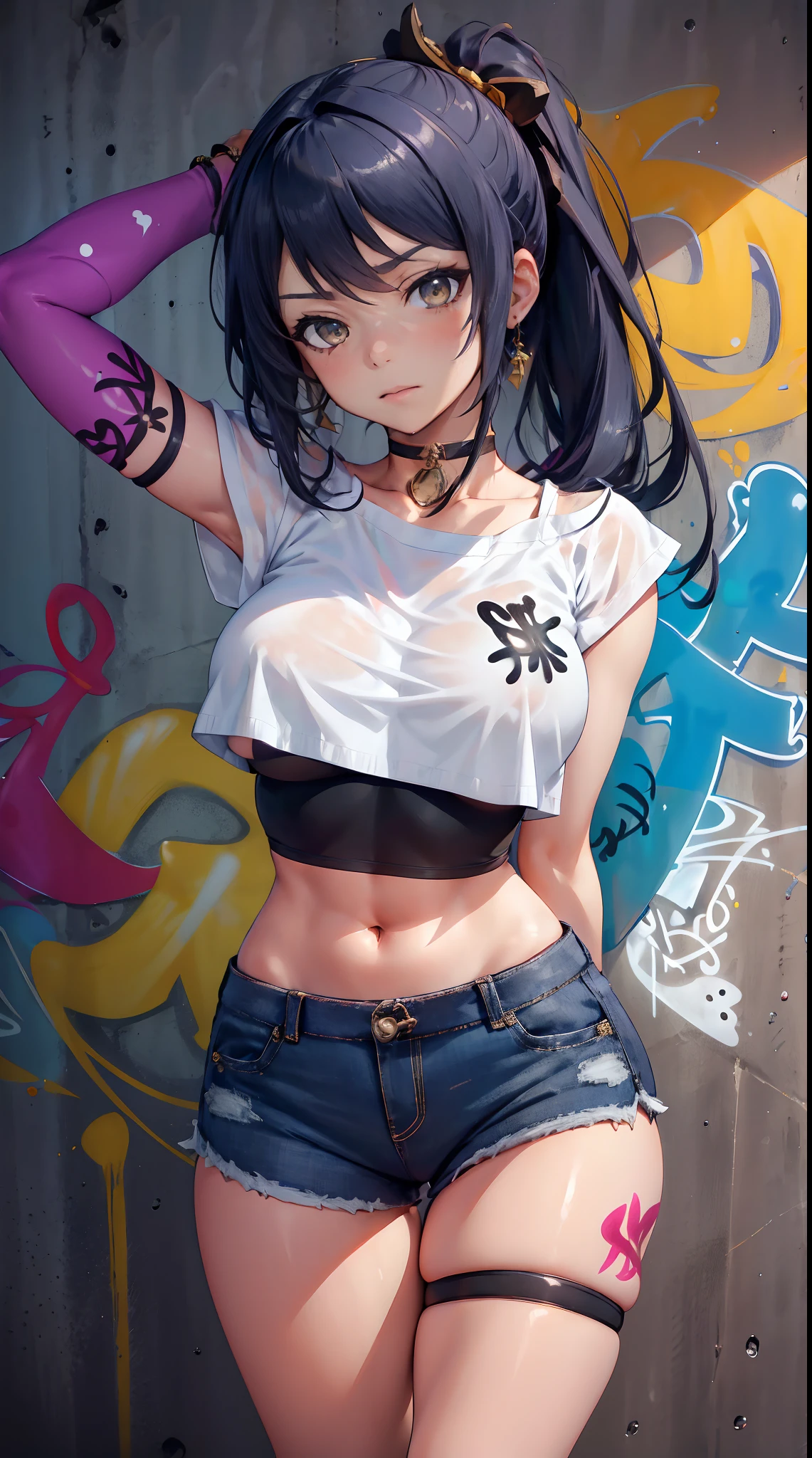 Kujou Sara Genshin Effect, masterpiece, bestquality, 1girls, mediuml breasts, long-haired ,Ponytail, bara, crop top, shorts jeans, choker, (Graffiti:1.5), Splash with purple lightning pattern., arm behind back, against wall, Look at the audience from behind., bracelet, Thigh strap, Head tilt, bored, Ponytail, water eyes,