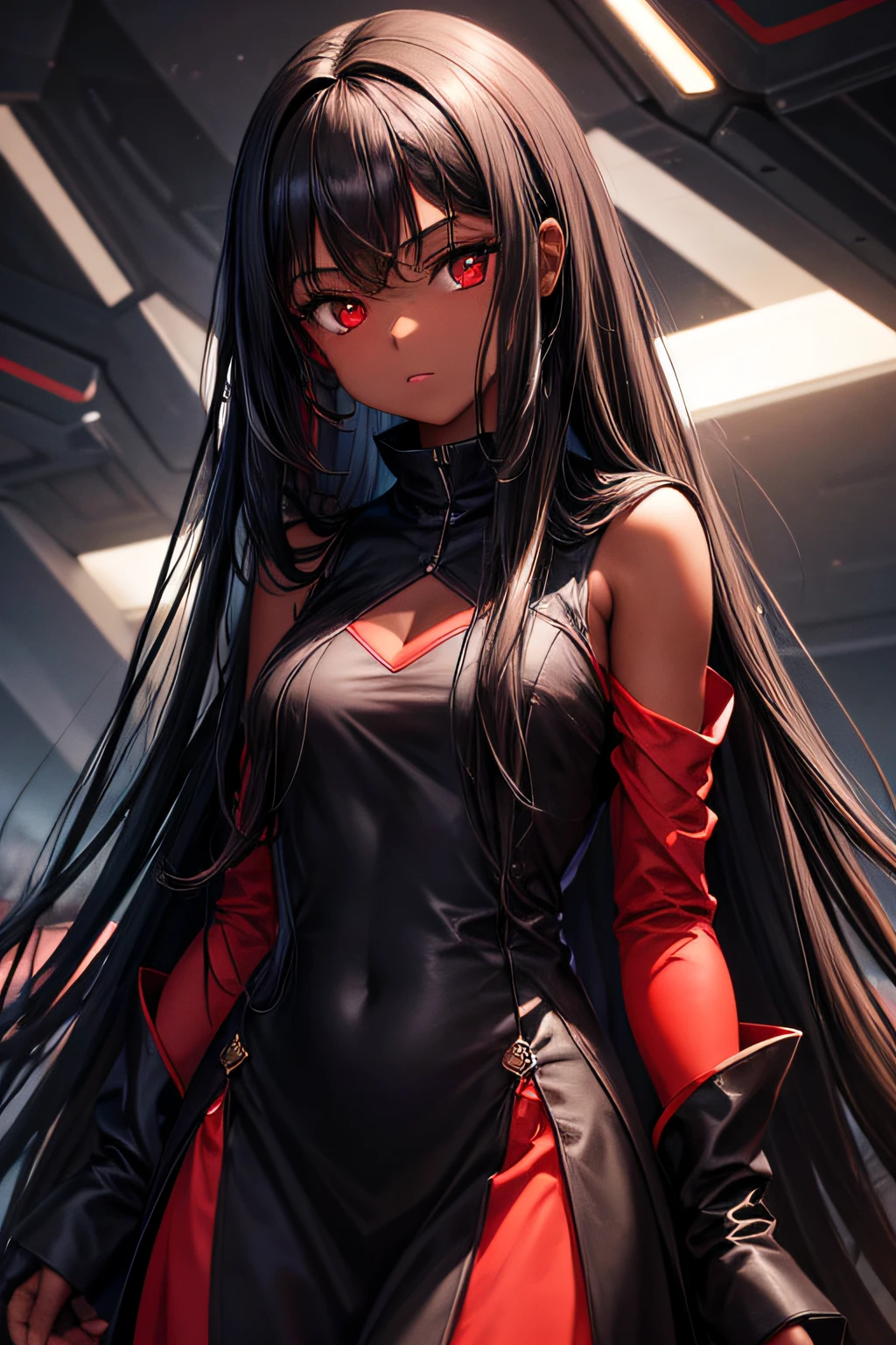 anime girl with long red and black hair and green eyes1 7 - year -second life avatar, vrchat, with huge luminous seductive eyes, anime vibes, with glowing eyes, ( ( deep green blue eyes ) ), piercing glowing eyes, with anxious piercing eyes, anime styled 3d