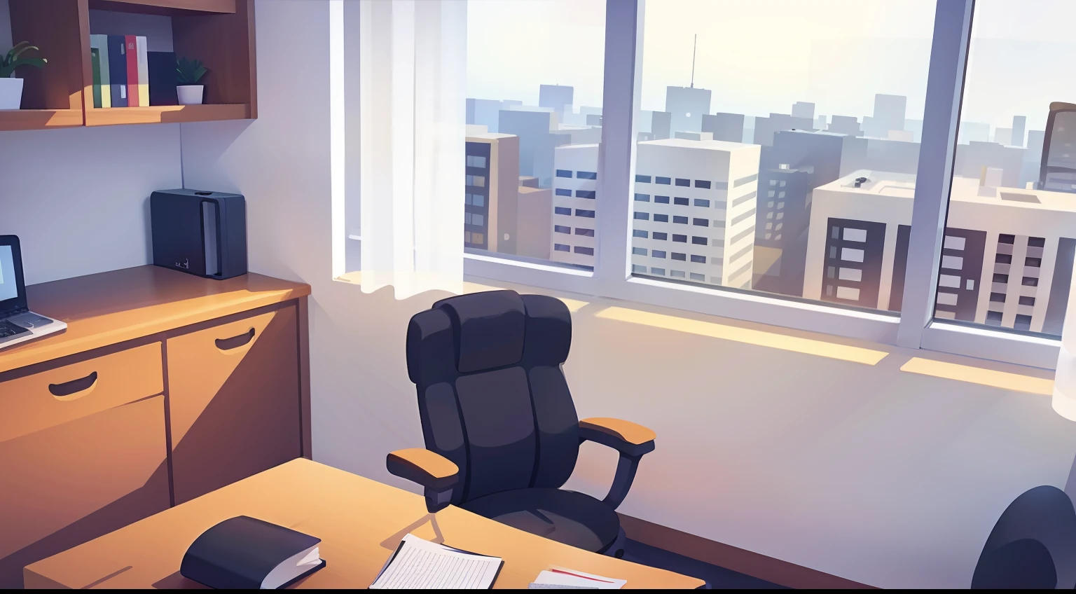 Large office、Business Desk、office chair、White cabinet、window、window shade、No person