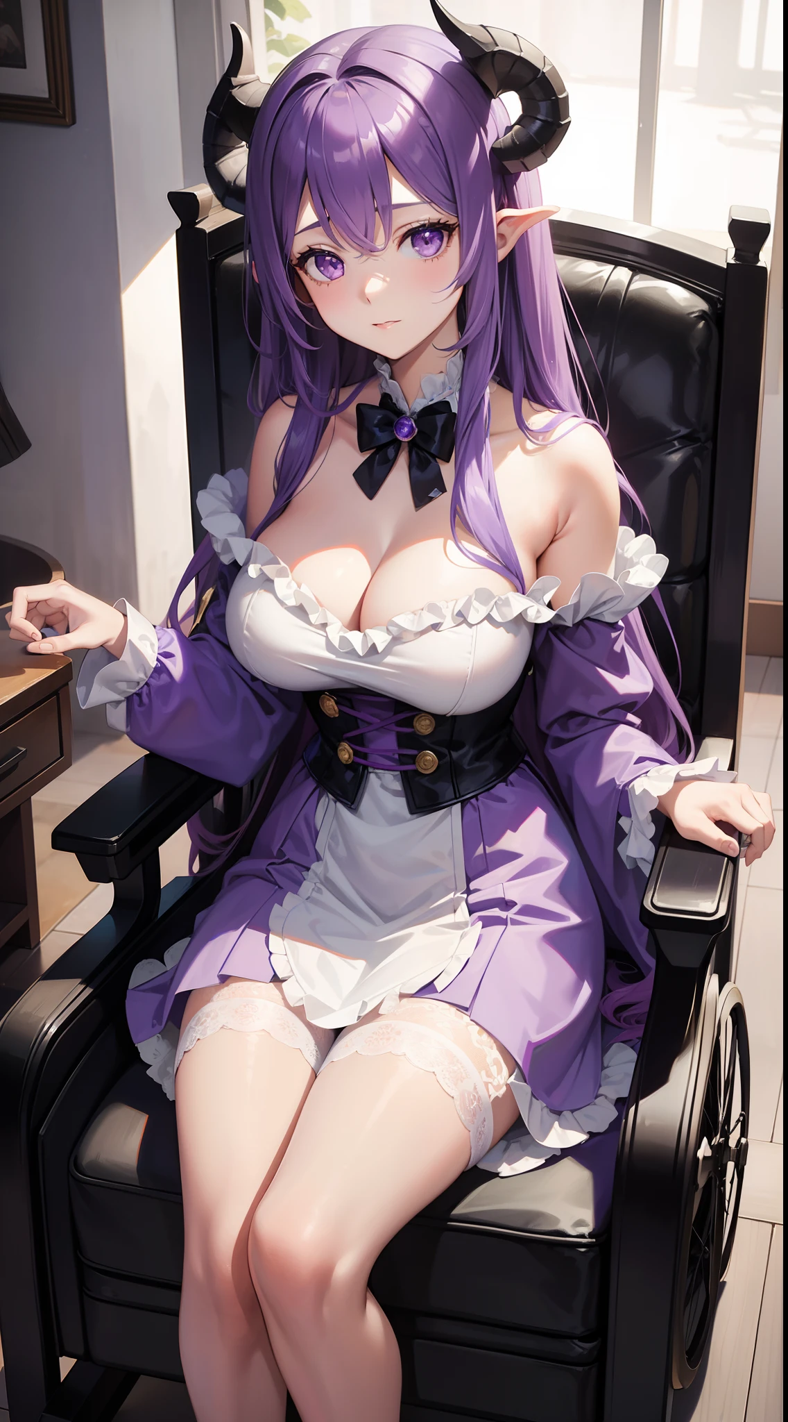 young girl, long curly lilac hair, violet eyes, Sheep horns, princess dress, open breasts, sitting in a wheelchair, Masterpiece, hiquality, higly detailed, HD, 4k