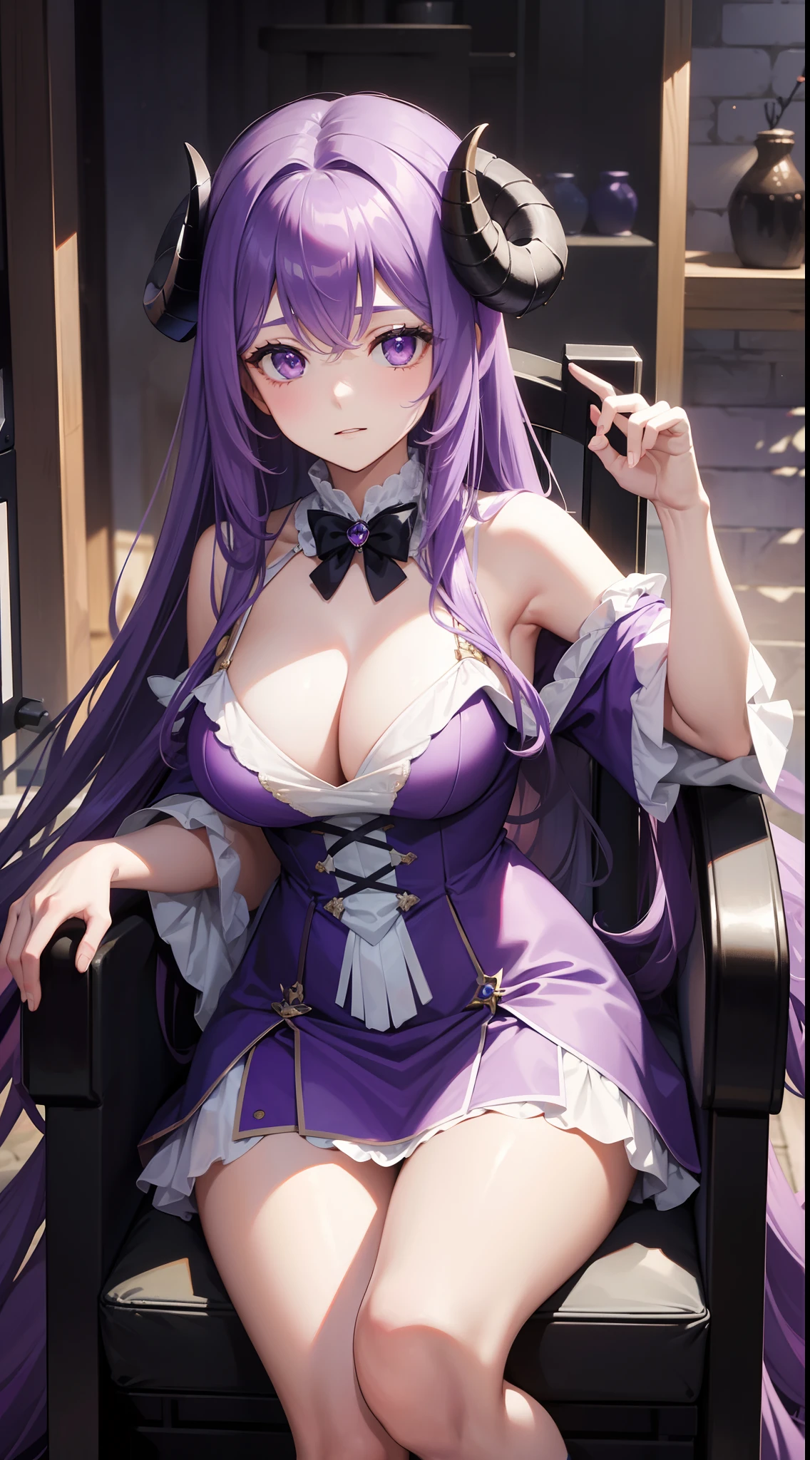 young girl, long curly lilac hair, violet eyes, Sheep horns, princess dress, open breasts, sitting in a wheelchair, Masterpiece, hiquality, higly detailed, HD, 4k