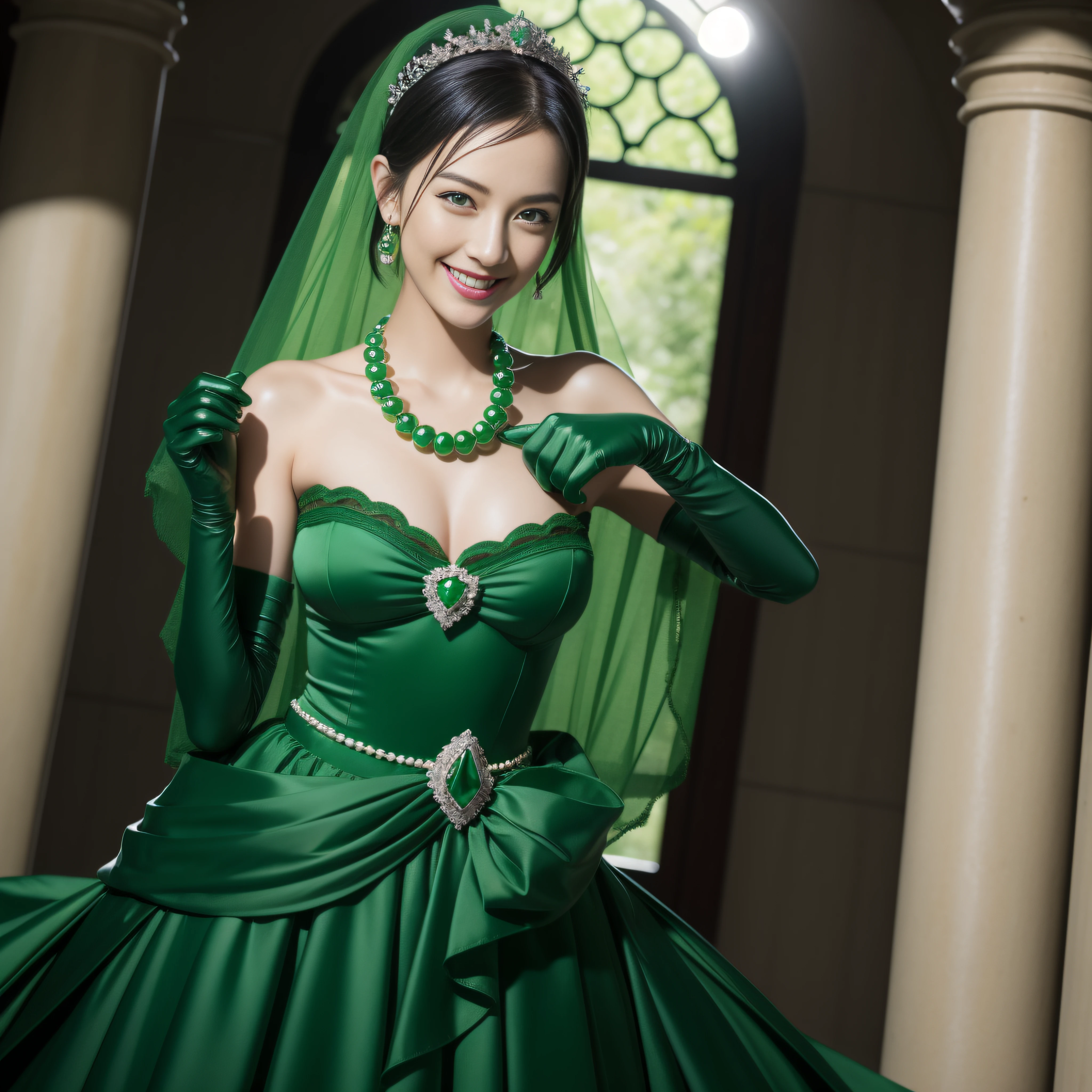 Boyish very short black hair, lipsticks, Japan woman smiling, Green Long Grove, Emerald Tia boyish very short black hair, lipsticks, Japan woman smiling, Satin green long gloves, Green Pearl Necklace, Long green gloves made of satin material, big breasts beautiful, Green Bridal Veil, Green eyes, Emerald Earrings,emerald tiara, verd s eyes, Green eyes