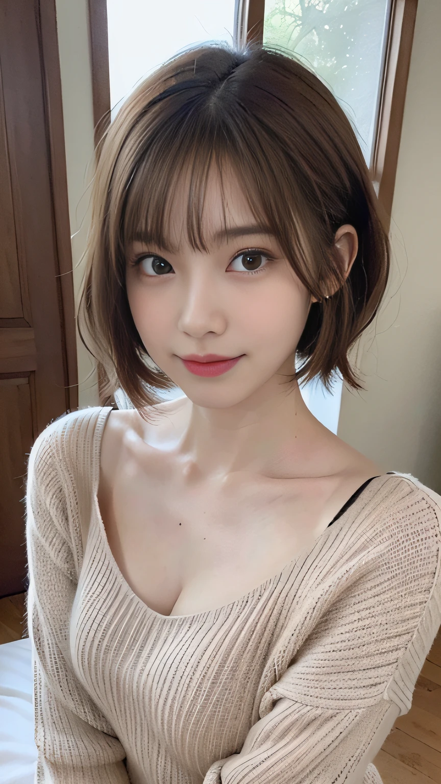 ⦅Selfie 1.6⦆4K、High resolution、⦅Small breasts 1.6⦆、With bangs、looking at camera、⦅smile 1.6⦆⦅brown hair⦆、19 years old、((short hair⦆curly hair、1 girl、off shoulder tops、shorts、japanese woman、beautiful girl、well-groomed face、cute、Honolulu city