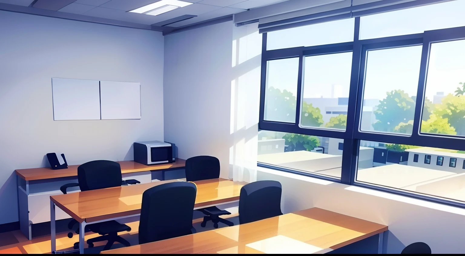 Office Wall、Business Desk、office chair、Side-by-side displays、White cabinet、window、window shade、No person