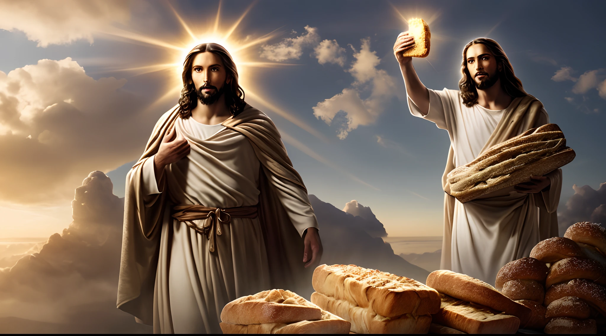 creates image of Jesus Christ coming down from heaven with a loaf of bread in his hand, descendo as escadas, Imagem grande muito realista em 4K
