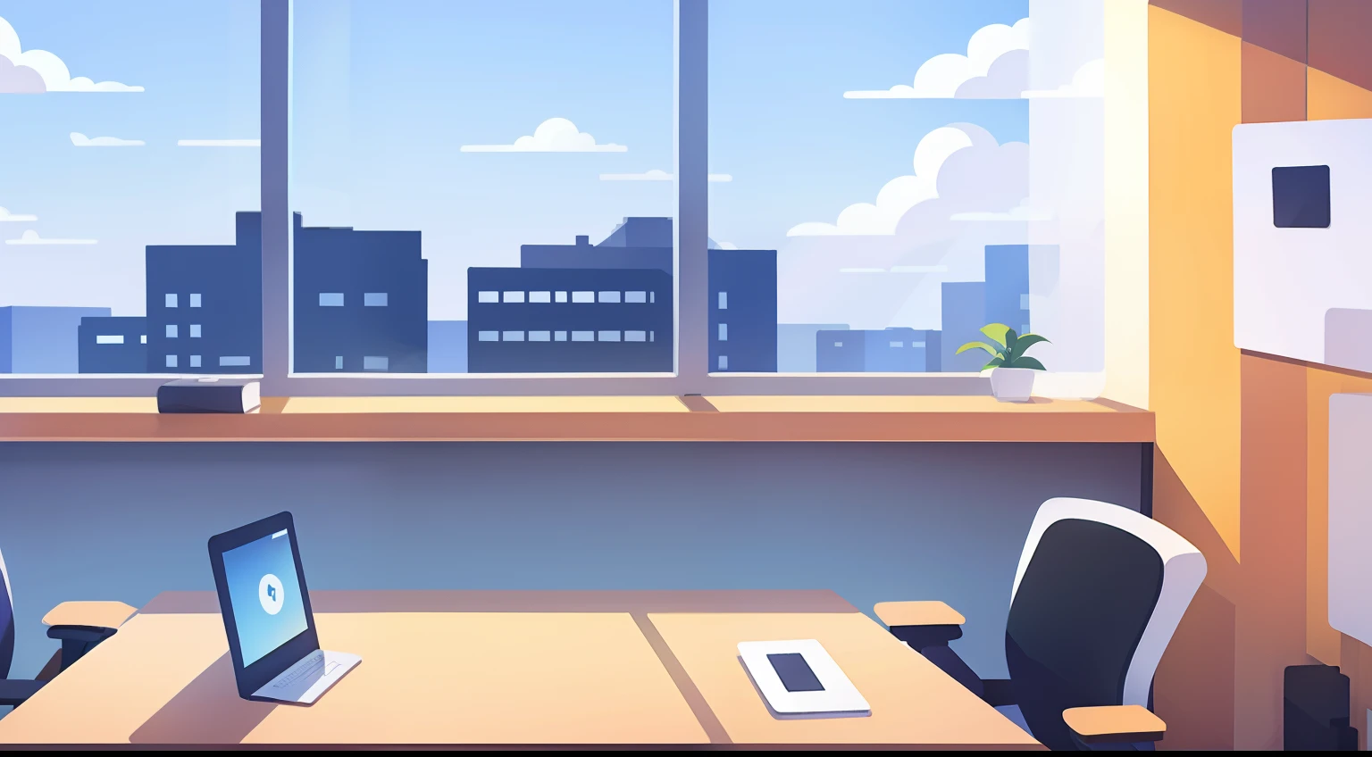 Office Wall、Business Desk、office chair、laptop、White cabinet、window、window shade、No person