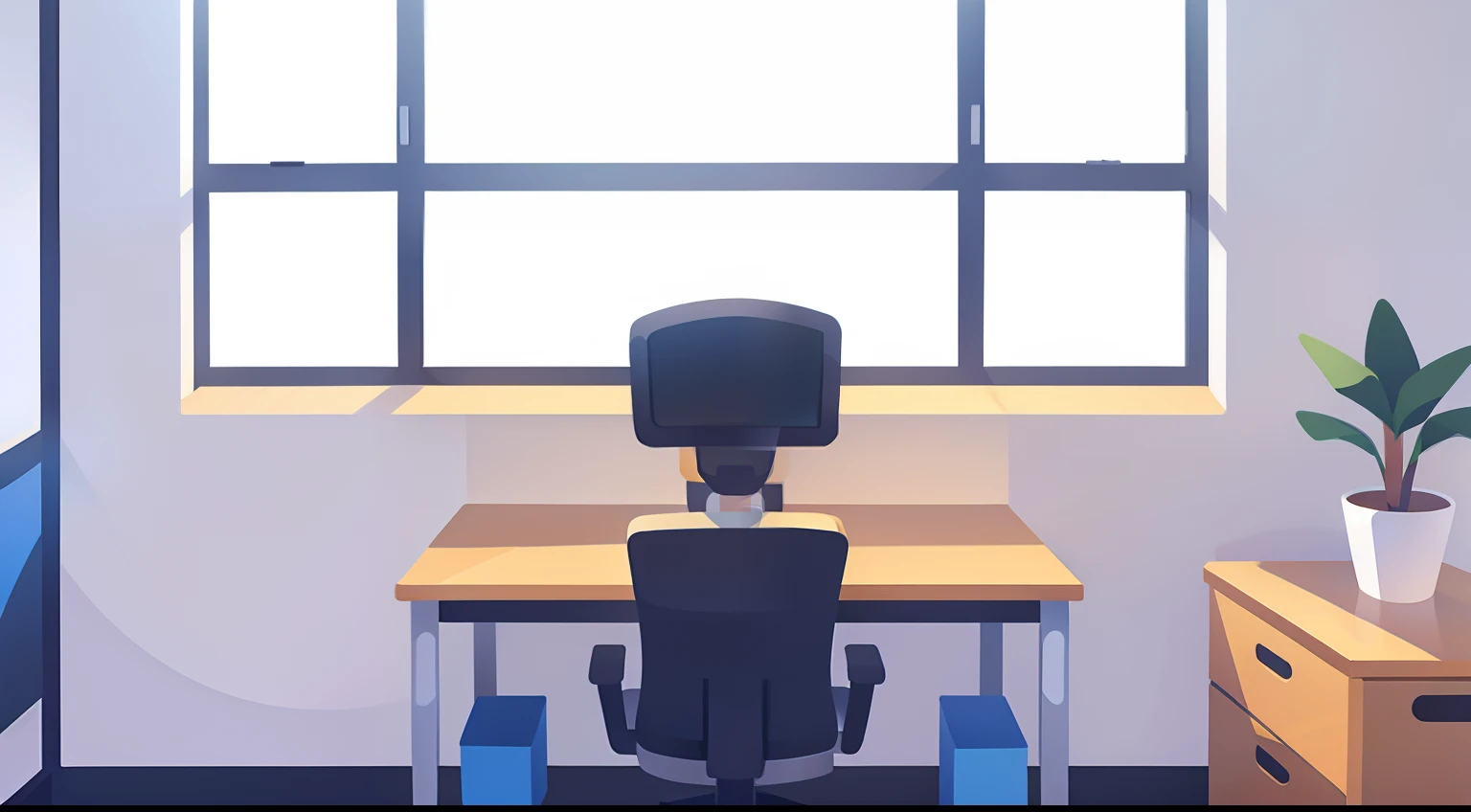 Office Wall、Business Desk、office chair、laptop、White cabinet、window、window shade、No person