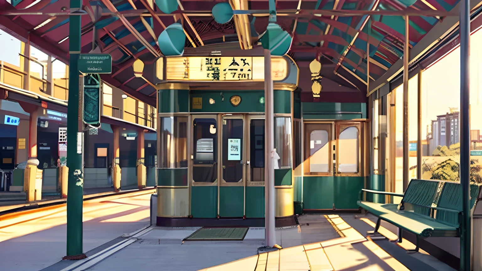 Alafid view of the train station，There are trains on the tracks, train station in summer, train station background, golden hour in tokyo, Train station, golden hour sunlight, platform, author：Nico Henrikan, waiting to strike, the morning sun, Early in the morning, morning golden hour, shot at golden hour, sitting in tokyo, Early morning light, Artistic interpretation