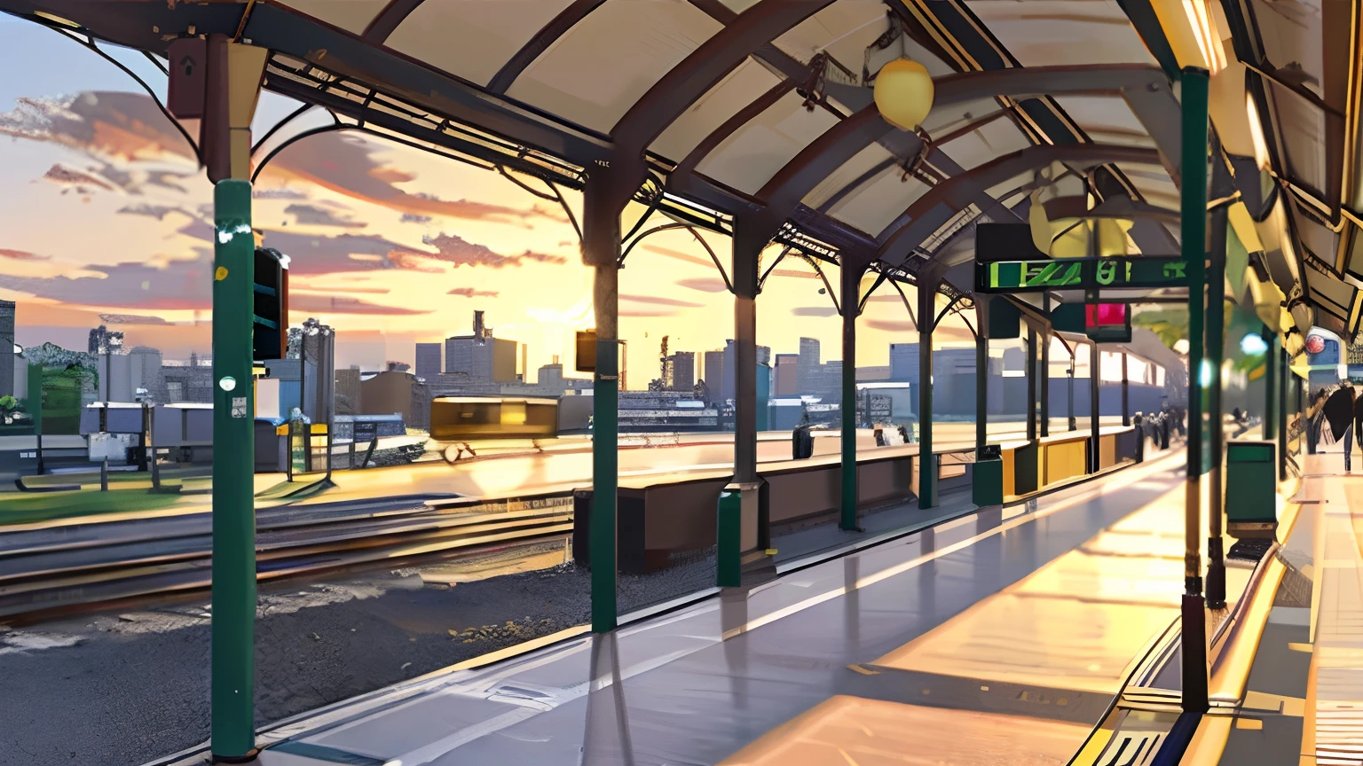 Alafid view of the train station，There are trains on the tracks, train station in summer, train station background, golden hour in tokyo, Train station, golden hour sunlight, platform, author：Nico Henrikan, waiting to strike, the morning sun, Early in the morning, morning golden hour, shot at golden hour, sitting in tokyo, Early morning light, Artistic interpretation