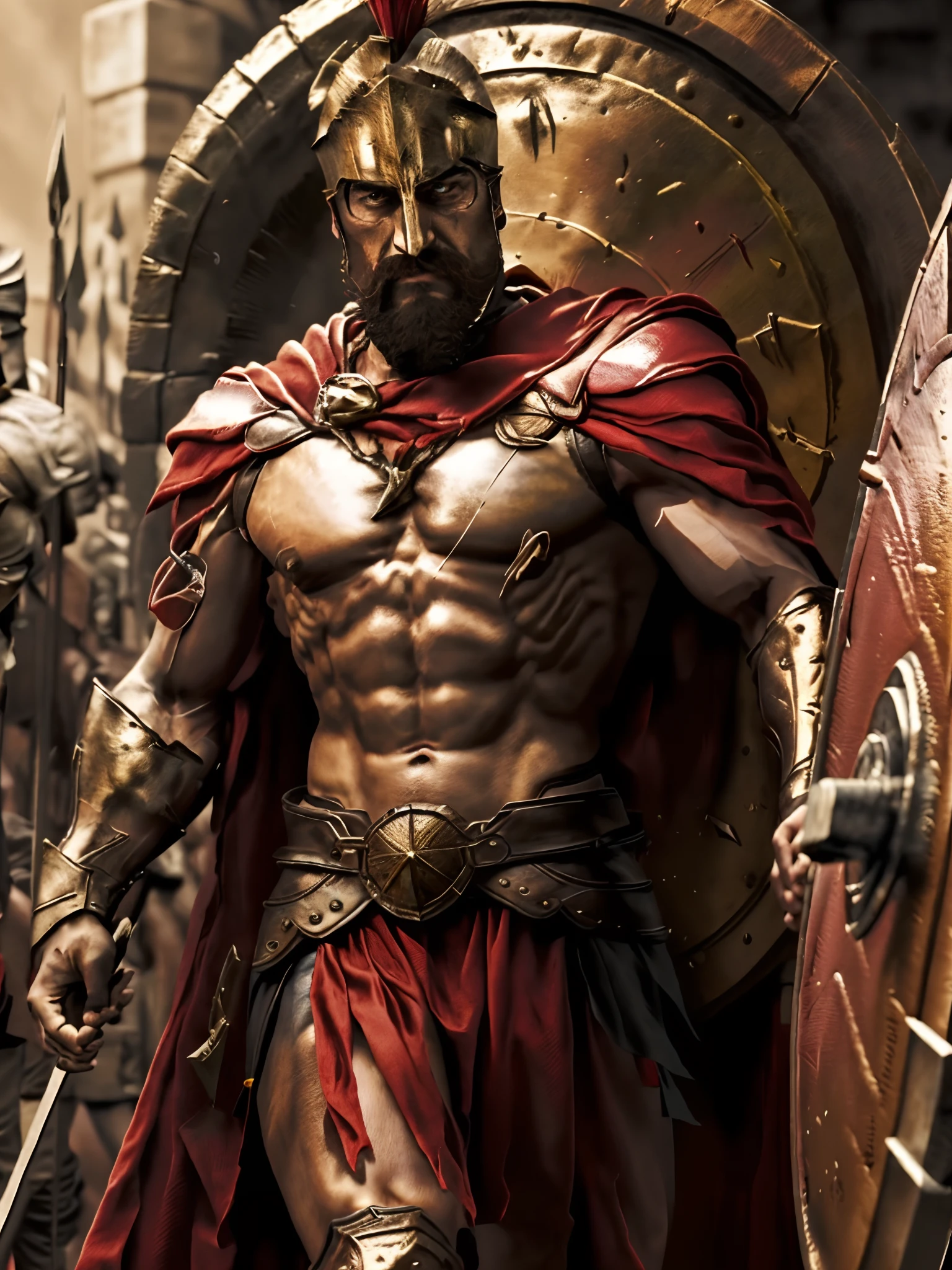 qualidade 8k, Ultra alta detalhada, extremely high quality, Espartano, King Leonidas, holding a shield and a spear, capa vermelha, olhar louco, efeitos de brilho