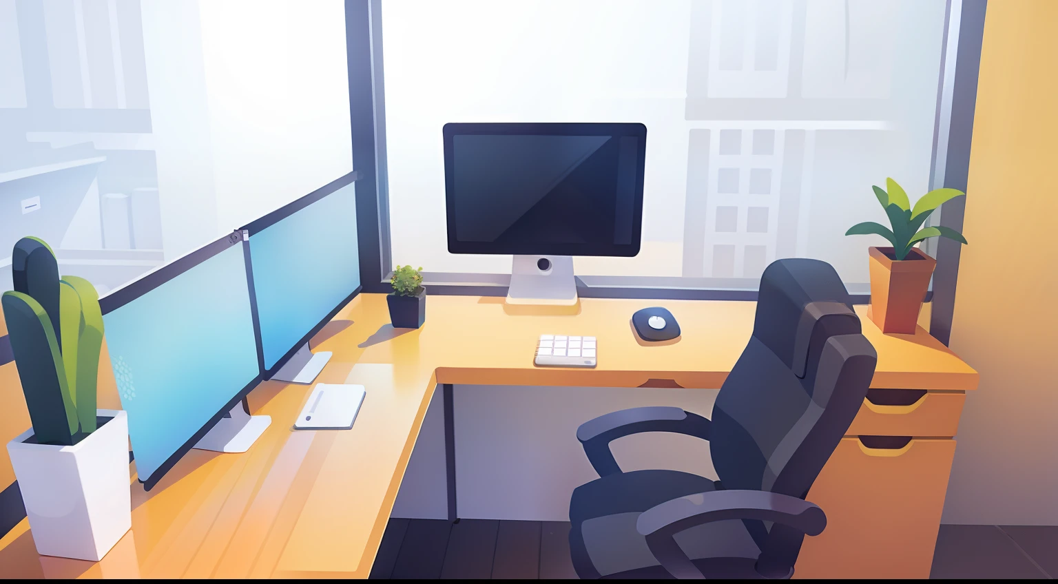 Office Wall、Business Desk、office chair、laptop、White cabinet、window、window shade、No person