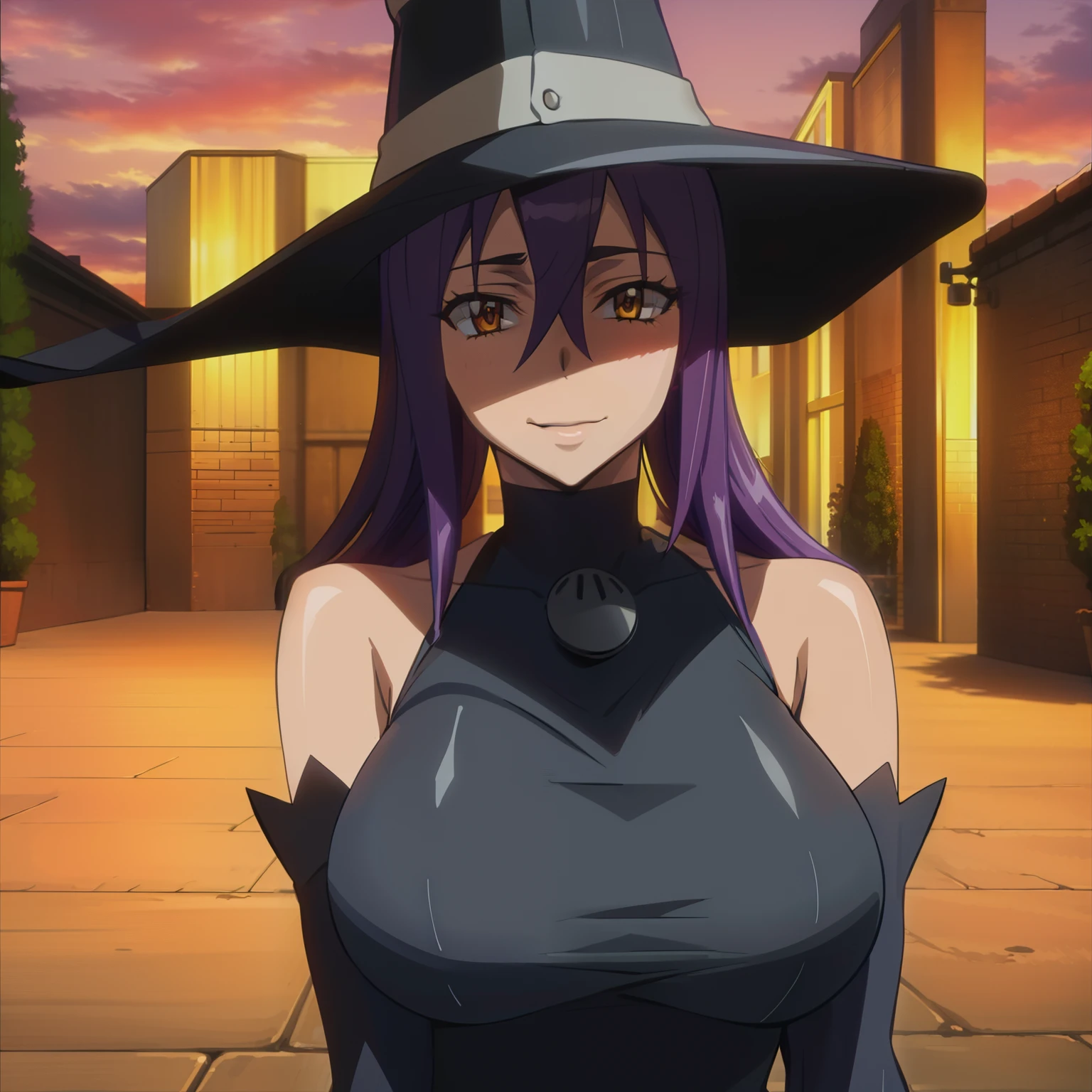 best quality, masterpiece, upper body, blair's hat, curls, black dress, detached sleeves,highschoolofthedead, smile, huge breasts, curvy,