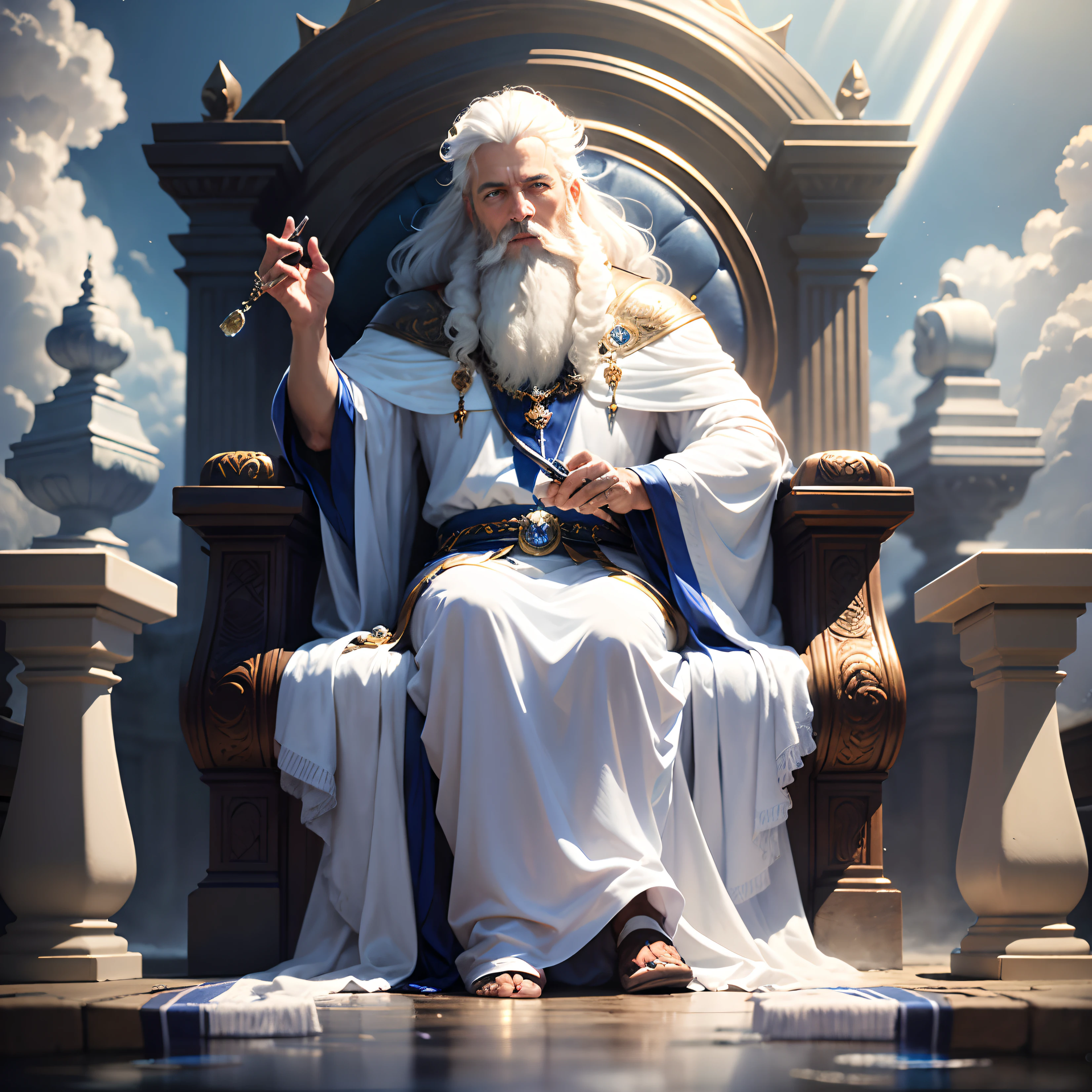 (masterpiece, best quality, ultra-realistic), God's blue throne of sapphire stone, floating over the clouds, a rainbow over the throne, divine man, white hair and beard, white clothes, (emitting light:1.3), (gleaming:1.2)