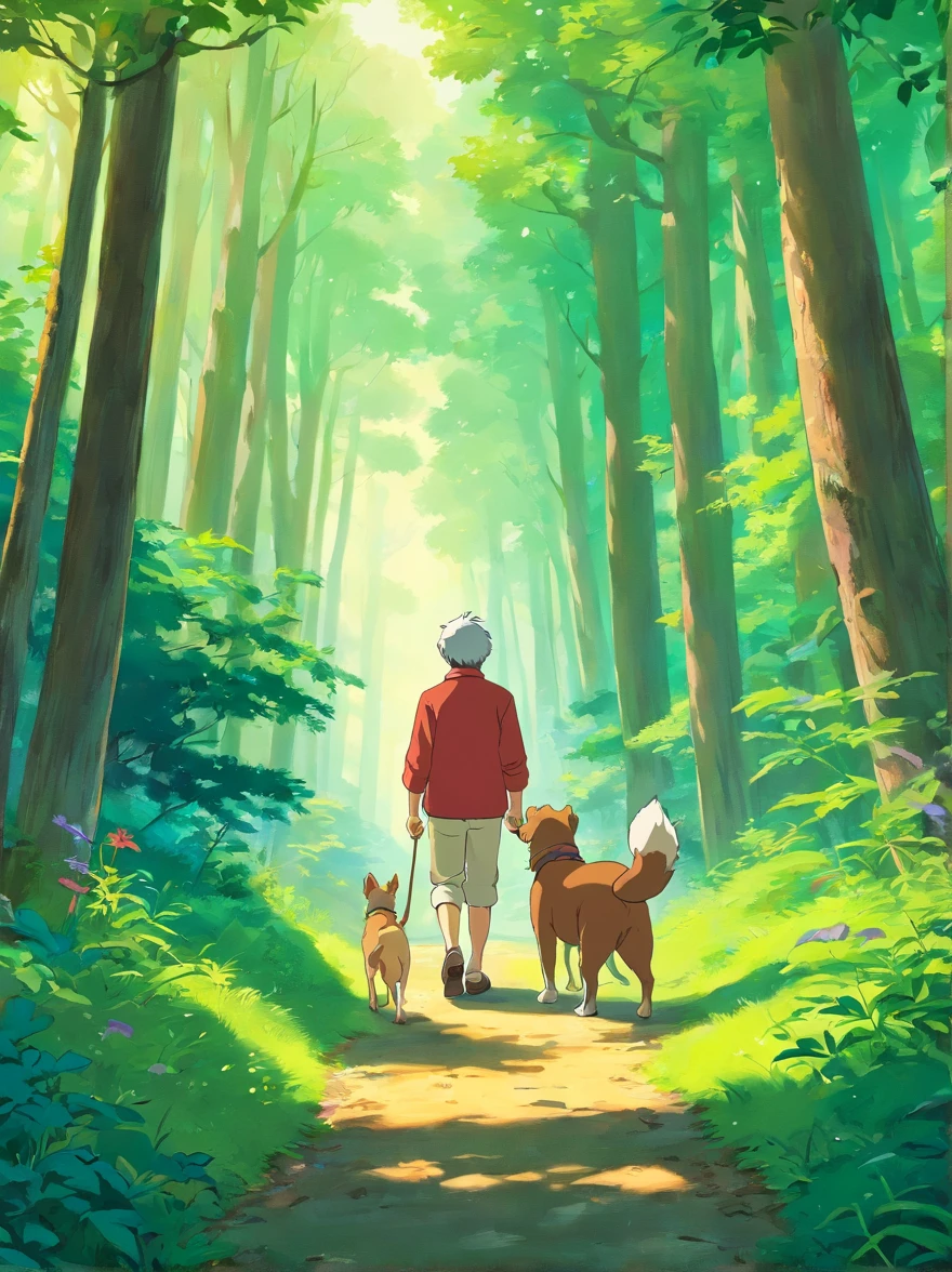 There is a poster of a man and a dog in the woods, Poster by Oscar Luci, shutter inventory, orphism, cover illustration, illustrated poster, travel poster, Poster illustration, full page illustration, vibrant tourism poster, Commercial illustration, full page illustration, Flat illustration, magazine illustration, Official illustration, offcial art, trekking in a forest, illustration!
