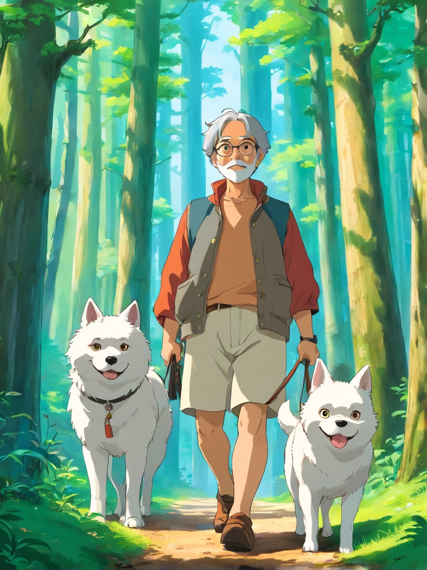 There is a poster of a man and a dog in the woods, Poster by Oscar Luci, shutter inventory, orphism, cover illustration, illustrated poster, travel poster, Poster illustration, full page illustration, vibrant tourism poster, Commercial illustration, full page illustration, Flat illustration, magazine illustration, Official illustration, offcial art, trekking in a forest, illustration!
