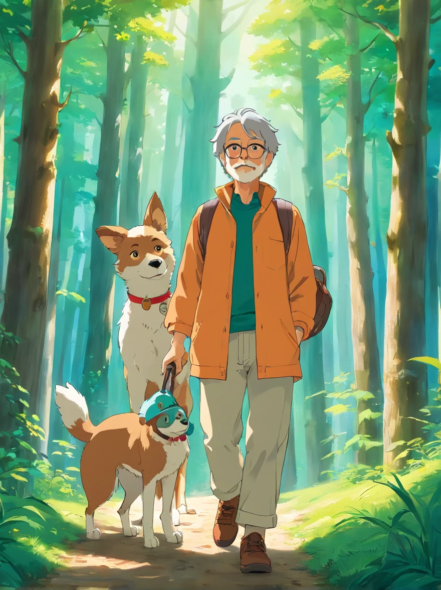 There is a poster of a man and a dog in the woods, Poster by Oscar Luci, shutter inventory, orphism, cover illustration, illustrated poster, travel poster, Poster illustration, full page illustration, vibrant tourism poster, Commercial illustration, full page illustration, Flat illustration, magazine illustration, Official illustration, offcial art, trekking in a forest, illustration!