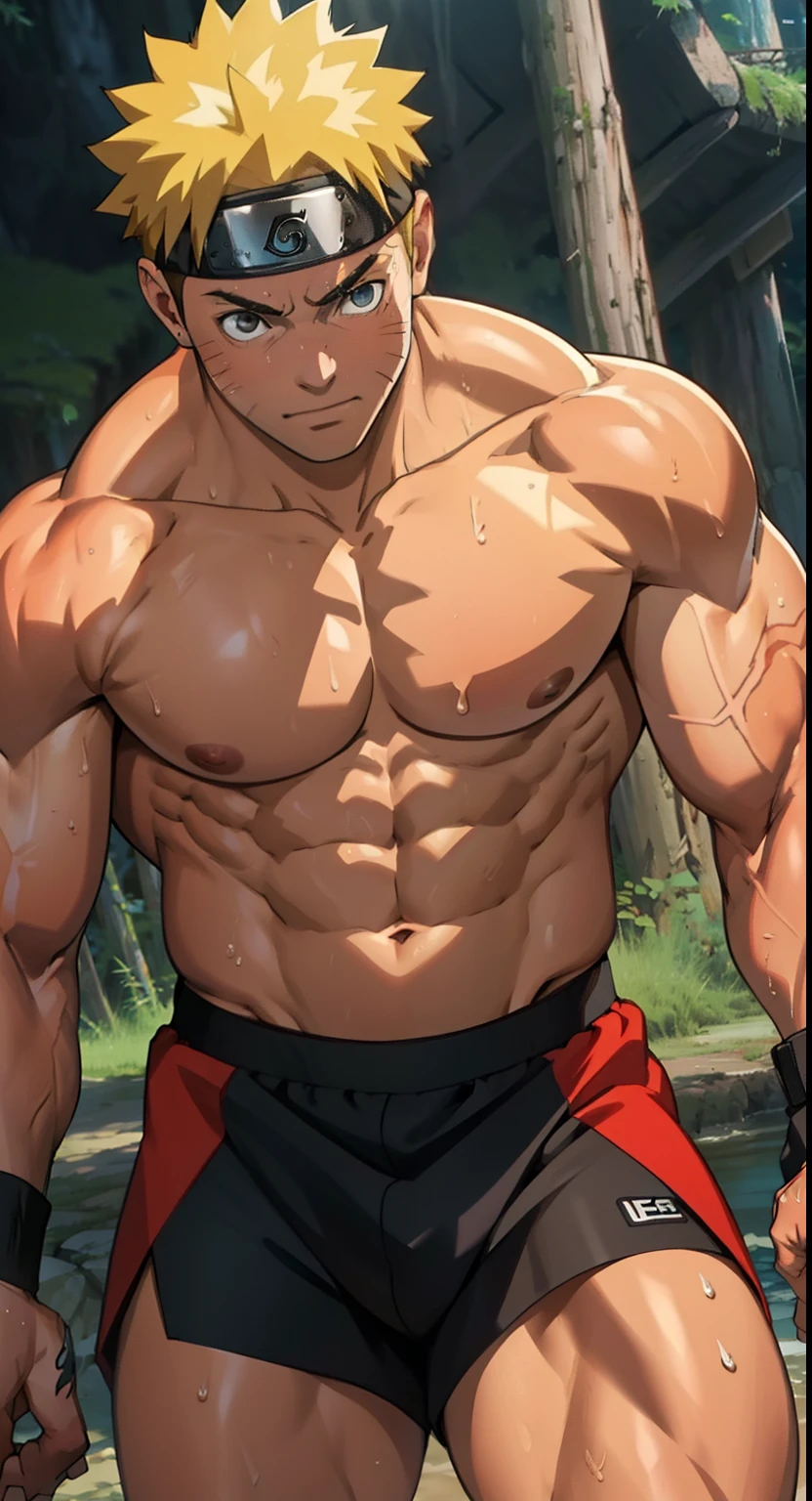 [highest quality photo][ 4k,HD photo quality] (close-up) huge muscular thigh muscles, wear tight triangle briefs small, huge thigh muscles ,muscular thigh muscles, muscular thigh muscles, giant thigh muscles, sinewy thigh muscles,Uzumaki Naruto, lots of sweat flowing down, topless, shirtless, sunny, shiny skin,rosy skin,pink skin, red skin, bodybuilder,  8-pack abs, giant, muscular chest muscles, giant muscular, sinewy biceps, cute  , two arms behind the back,