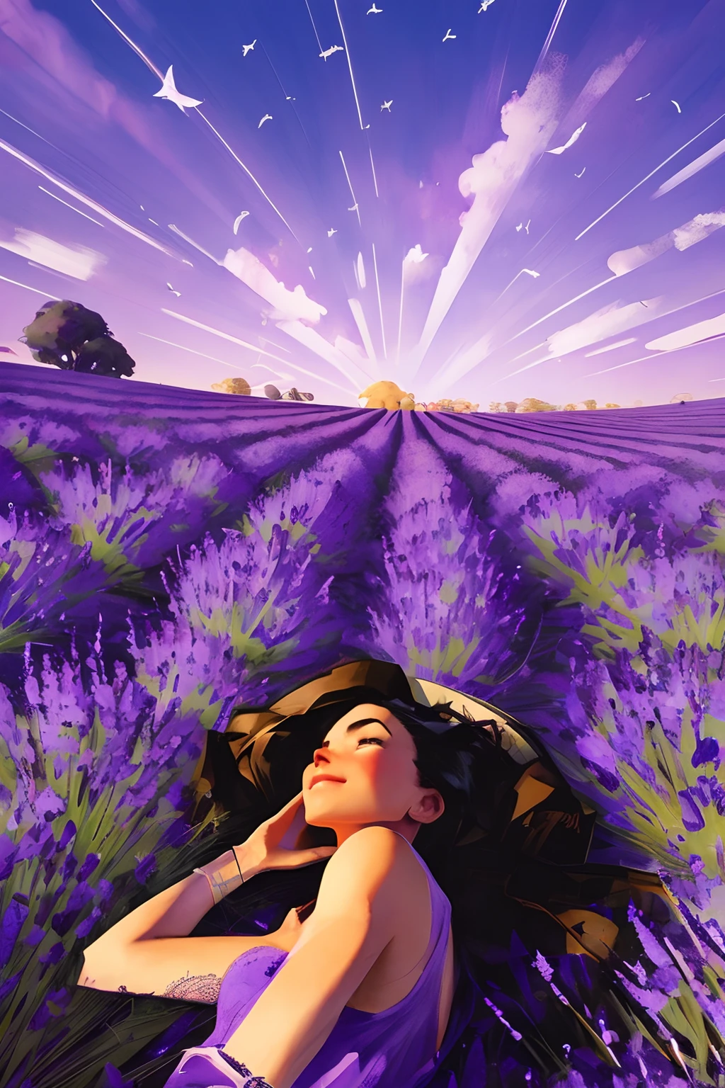 beautiful girl lying down on back, in a lavender field at night, looking up at the sky, purple long hair, cinematic by jeremy mann, by sandra chevrier, by dave mckean and richard avedon and maciej kuciara, high detailed, 8k