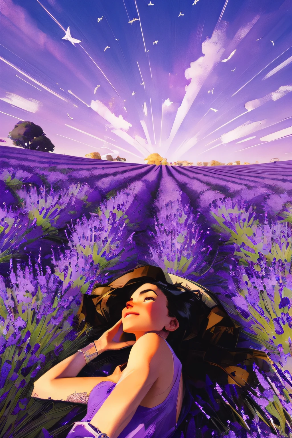 beautiful girl lying down on back, in a lavender field at night, looking up at the sky, purple long hair, cinematic by jeremy mann, by sandra chevrier, by dave mckean and richard avedon and maciej kuciara, high detailed, 8k