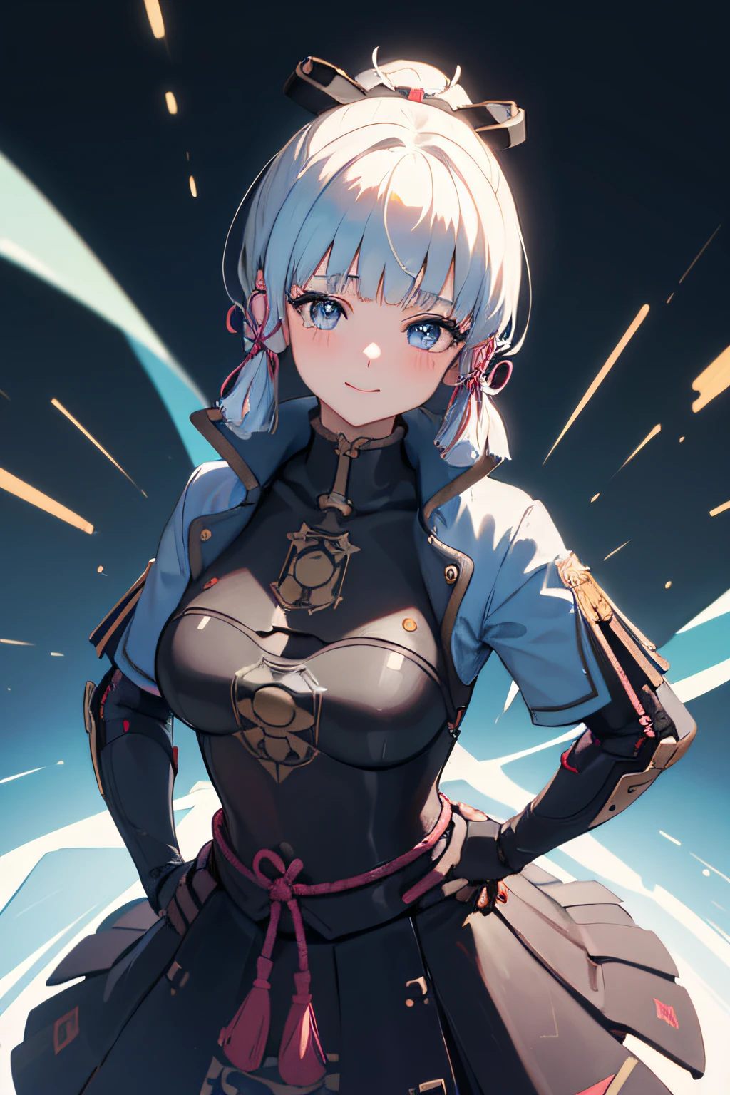 (((masterpiece))), 4k res, highly detailed, (((extremely detailed eyes))), detailed background, cinematic lighting, crystal clear eyes, high quality, highres, ultra-detailed, 8k, best quality, 1girl, solo, shadow, backlighting, light particles, Thick Eyelashes, Wide Sleeve, thick thighs, (masterpiece:1.3), (the best quality:1.2), (super fine illustrations:1.2), (Masterpiece), high quality, high detail,(SOLO:1.4),((round image)),[(cyberpunk:1):5], cyberpunk, whole body, 1girl, kamisato ayaka, smile, blush, closed mouth, cryokinesis, black gloves, thick, arms behind back, hands on hips, hands on own chest,big breast,