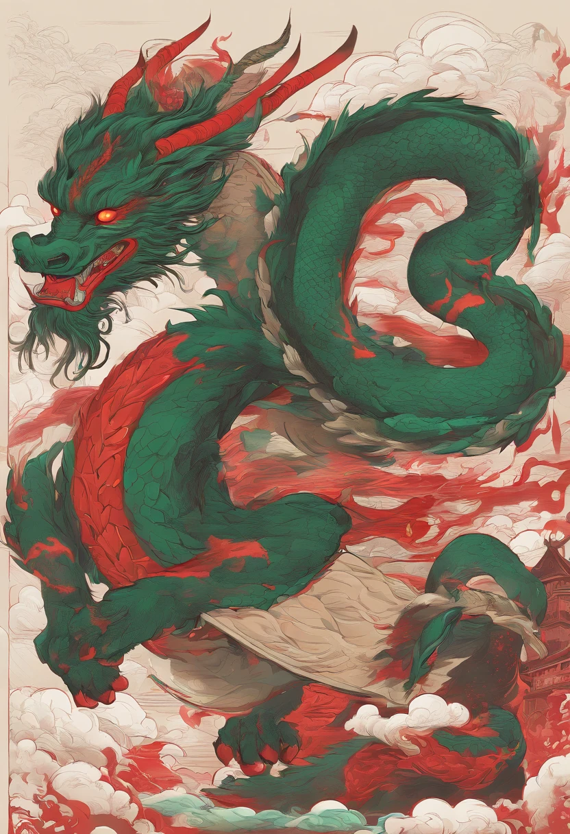 China-style,Chinese mythology,Chinese Green Dragon,tosen,Ferocious,gargantuan,The eyes glow red,Glow effects,surrounded by cloud,Thick clouds,buliding,中景 the scene is,Full body like, highly detailed surreal vfx,oc rendered,