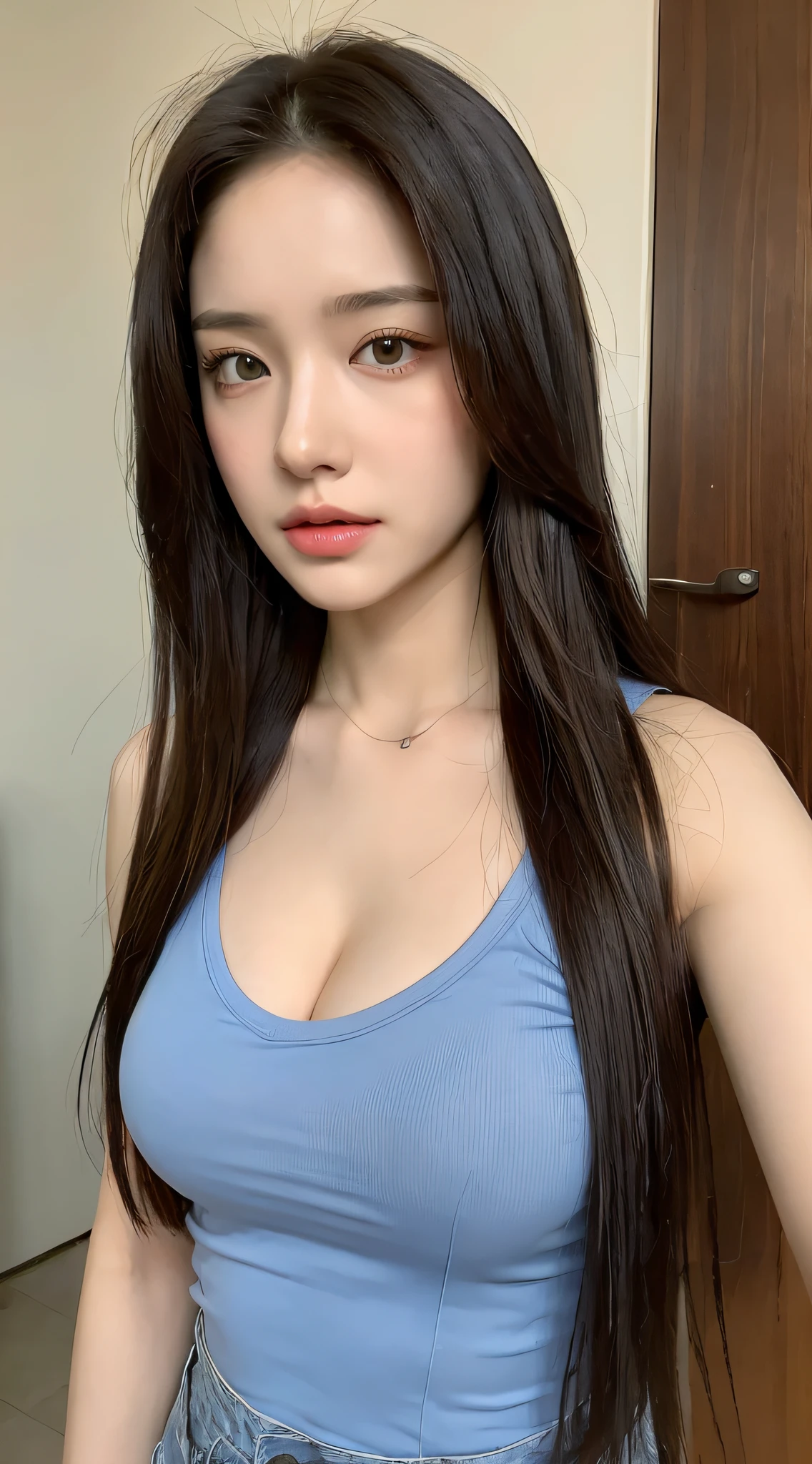 (extremely lifelike, highly resolution:1.3), 1 girl with a perfect body, super fine face with beautiful detailed eyes, black long hair, wearing a tank top of random colors:1.2, short jeans, and displaying a generous cleavage.