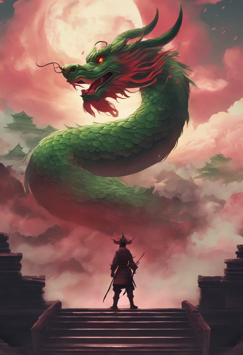China-style,Chinese mythology,Chinese Green Dragon,tosen,Ferocious,gargantuan,The eyes glow red,Glow effects,surrounded by cloud,Thick clouds,buliding,中景 the scene is,Full body like, highly detailed surreal vfx,oc rendered,