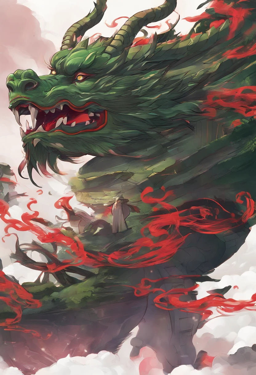 China-style,Chinese mythology,Chinese Green Dragon,tosen,Ferocious,gargantuan,The eyes glow red,Glow effects,surrounded by cloud,Thick clouds,buliding,中景 the scene is,Full body like, highly detailed surreal vfx,oc rendered,