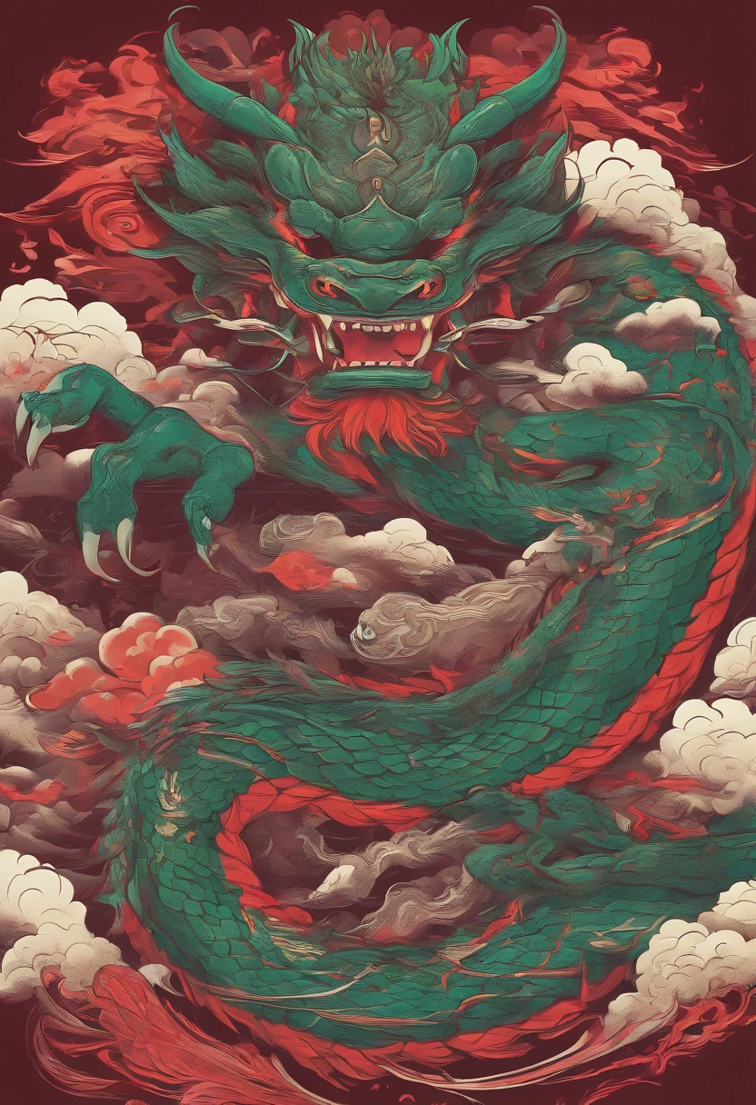 China-style,Chinese mythology,Chinese Green Dragon,tosen,Ferocious,gargantuan,The eyes glow red,Glow effects,surrounded by cloud,Thick clouds,buliding,中景 the scene is,Full body like, highly detailed surreal vfx,oc rendered,