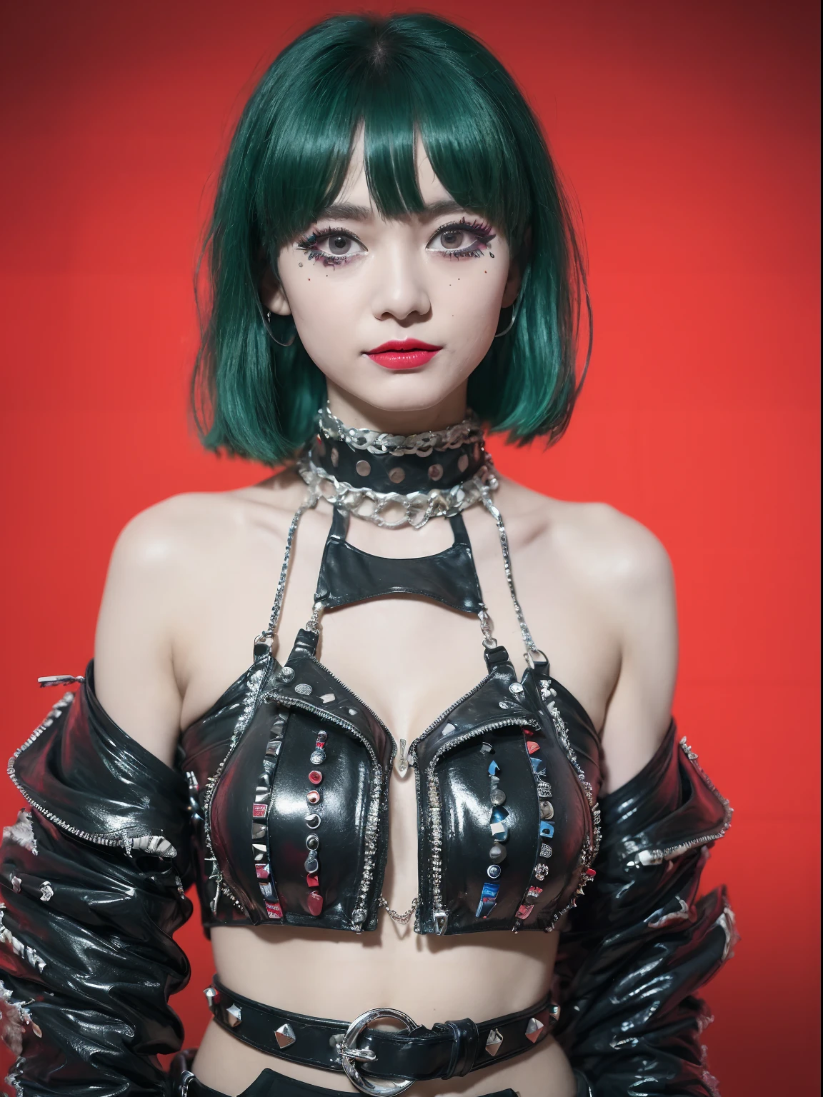 the Extremely Detailed CG Unity 8K Wallpapers、top-quality、ultra-detailliert、masterpiece、studio shoot、Full body portrait、(London punk fashion of the 70s:1.4), Studsbelt、Stud Bracelet、a choker、Silver Accessories、Vivienne Westwood、Sex pistols、realisitic、Behind the photo、large full breasts、realisitic、Photo Real、extremely detailed cute girl、独奏、17 age、joyous expression, red lipsticks (Against the backdrop of London's Camden Town:1.4), Green and black multi-colored hair, out of focus、blur、